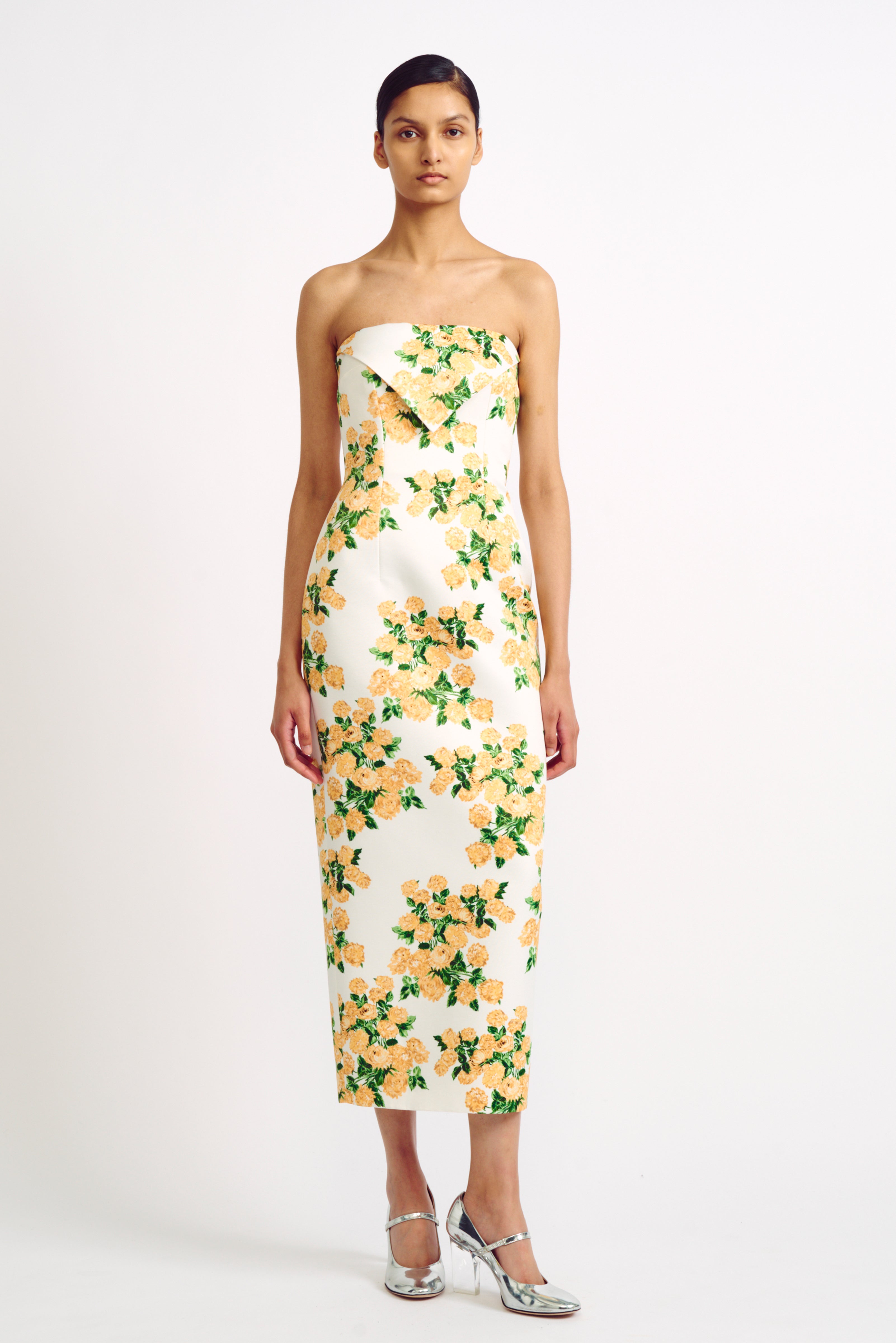 yellow floral printed dropped waist midaxi dress Brigitta Yellow Floral Print Strapless Dress