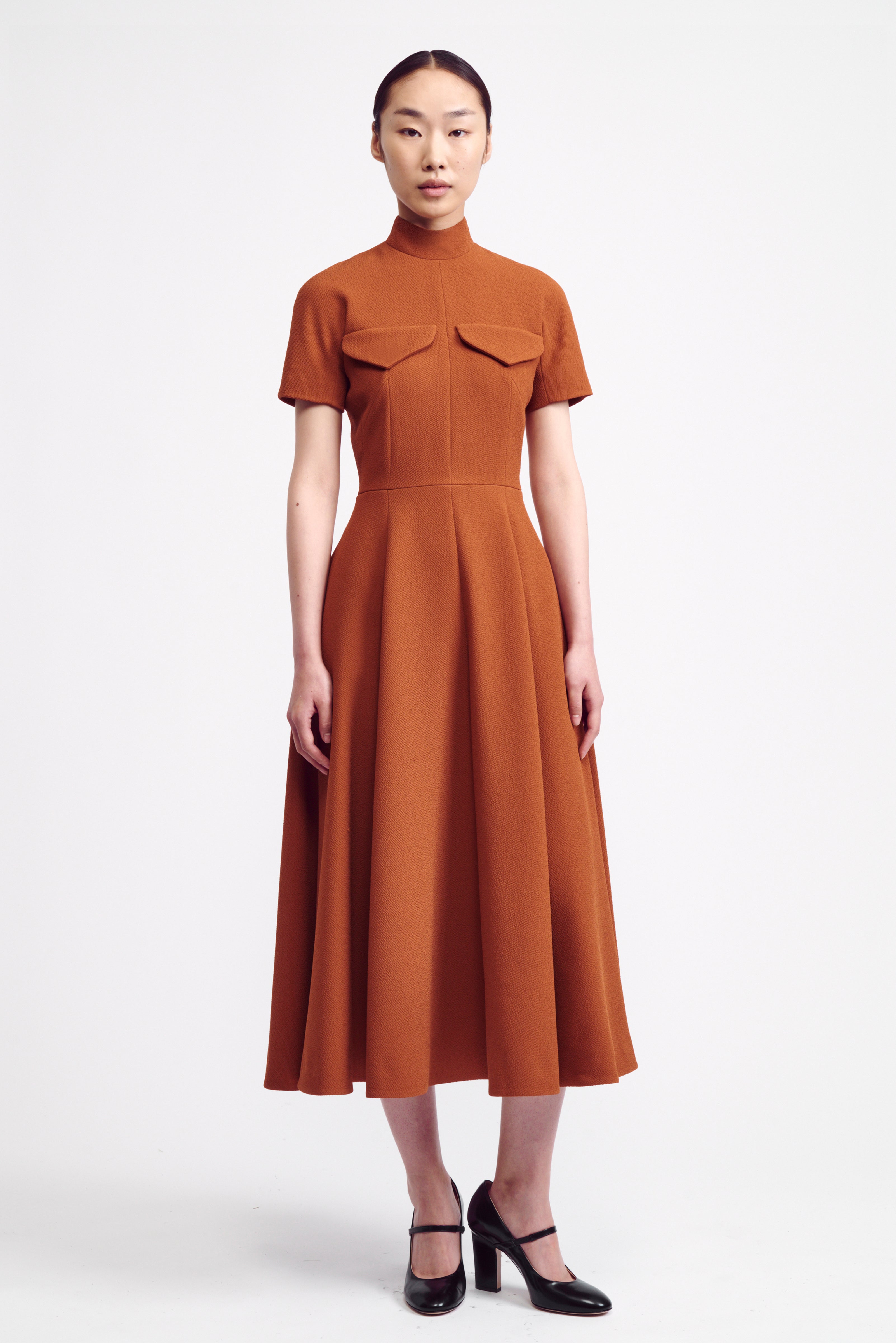 Catrina High Neck Dress in Brown Double Crepe