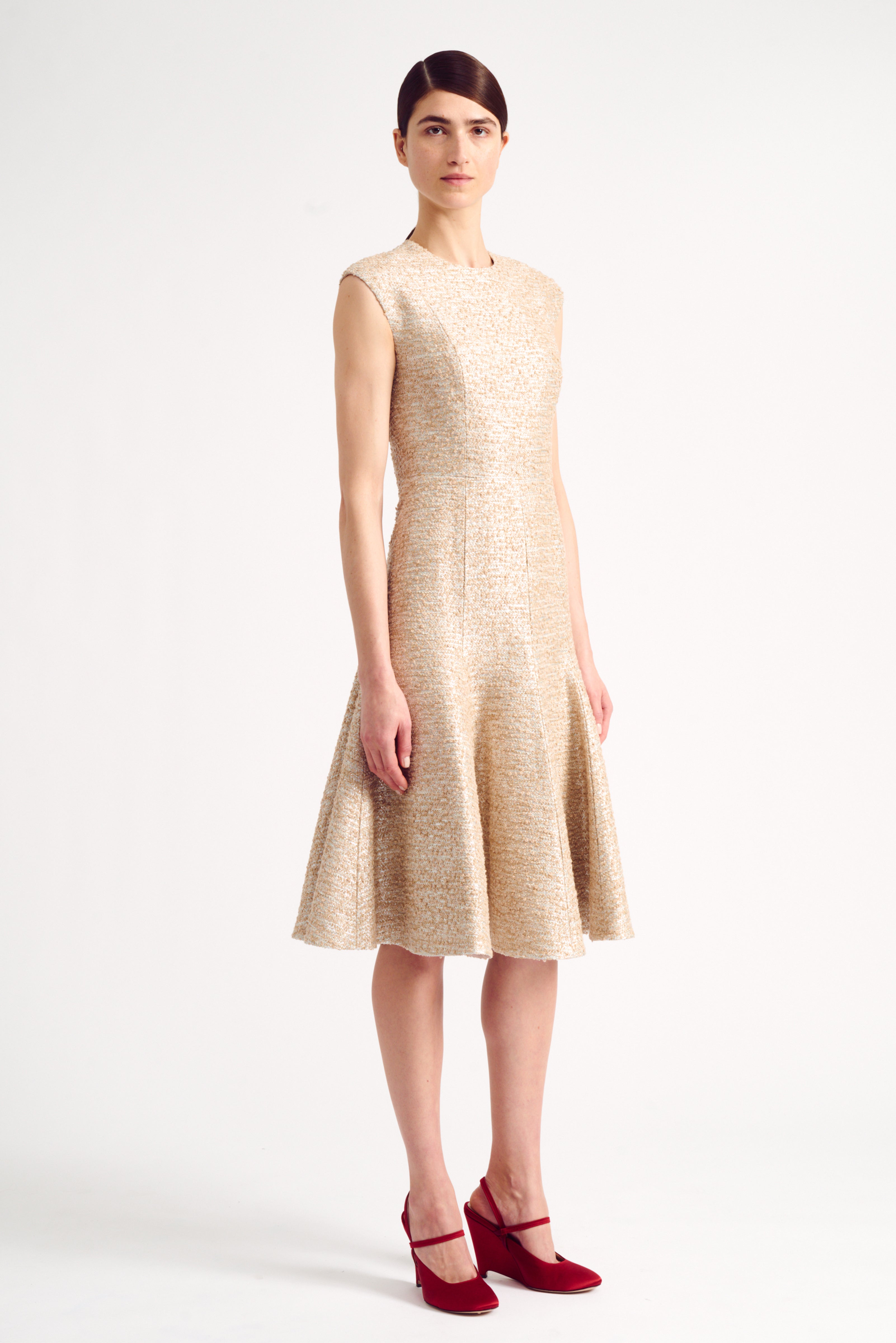 Denver Dress in Beige And Silver Jacquard Tweed