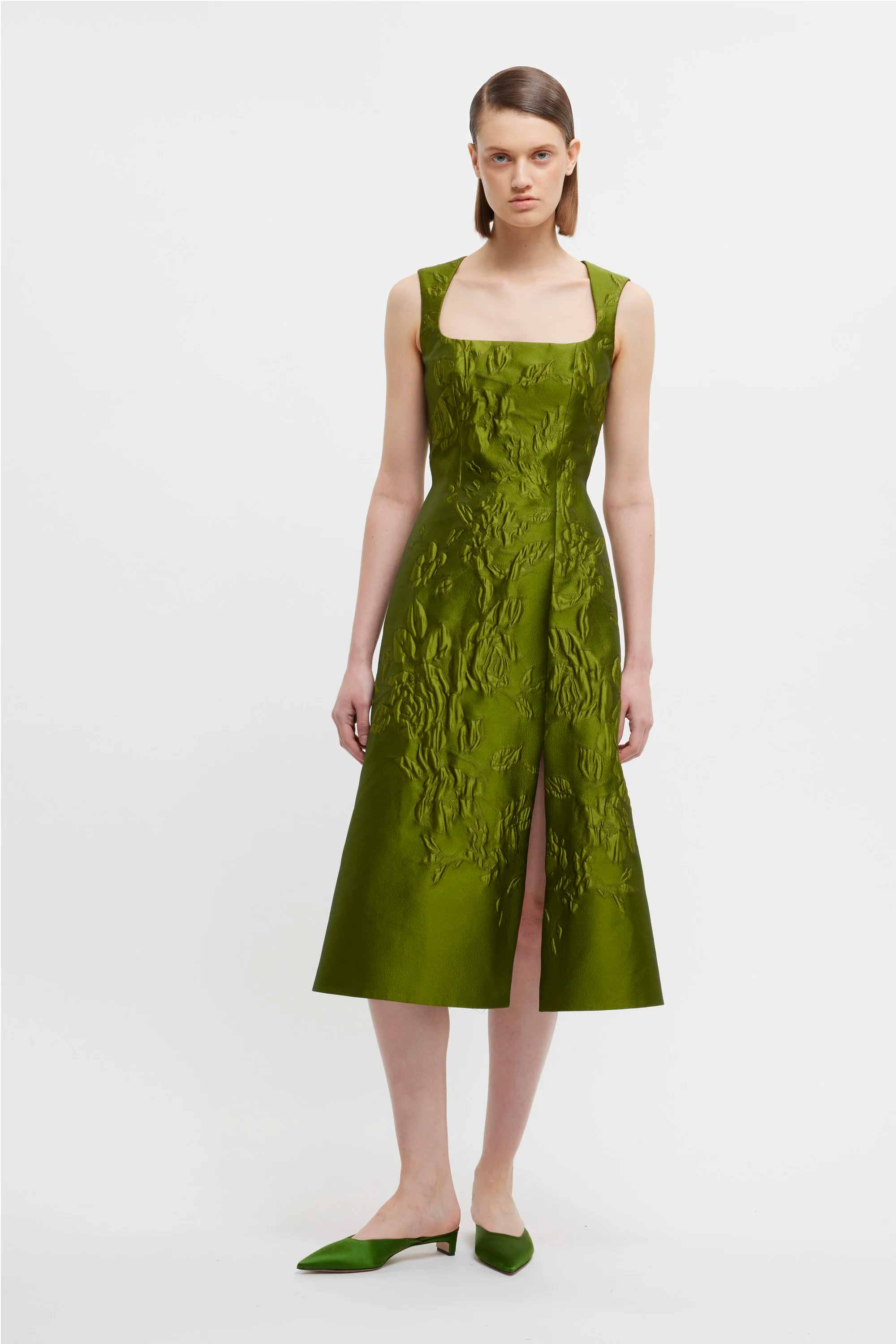 Pinah Dress In Green Graphic Rose Jacquard | Emilia Wickstead Pinah Dress In Green Graphic Rose Jacquard | Emilia Wickstead