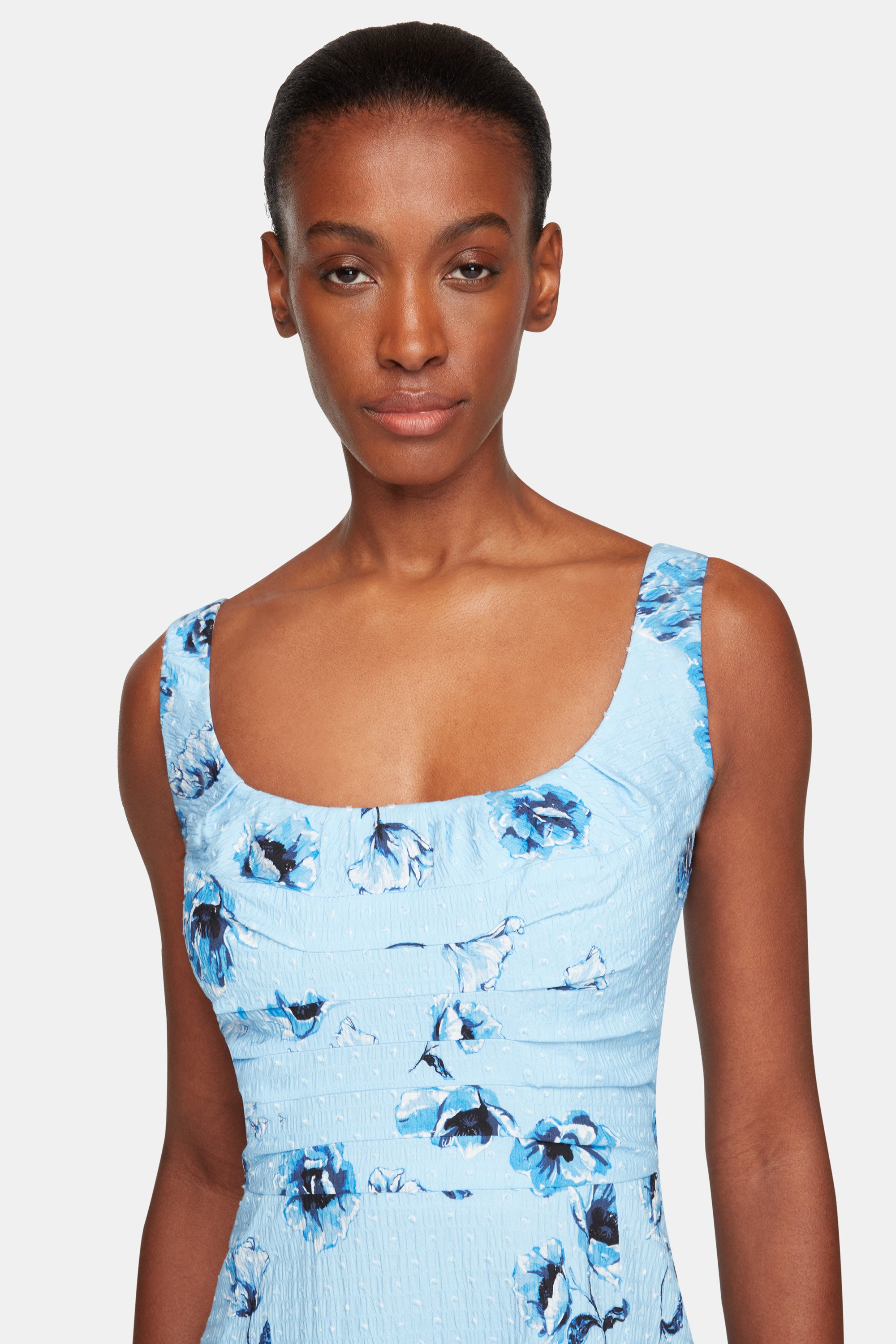 Verena Dress In Blue Poppies On Baby Pink Bibione Cotton