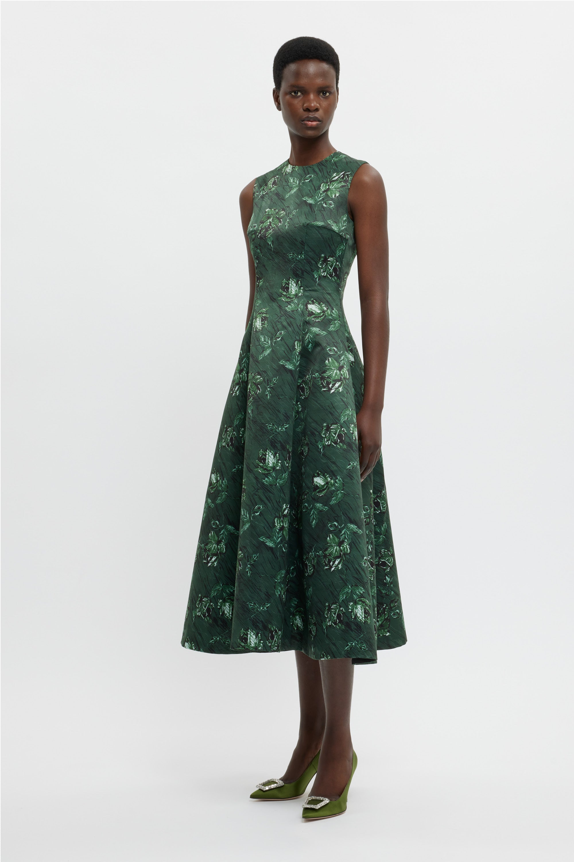 Mara Dress In Green Roses On Marble Print Taffeta Faille | Emilia