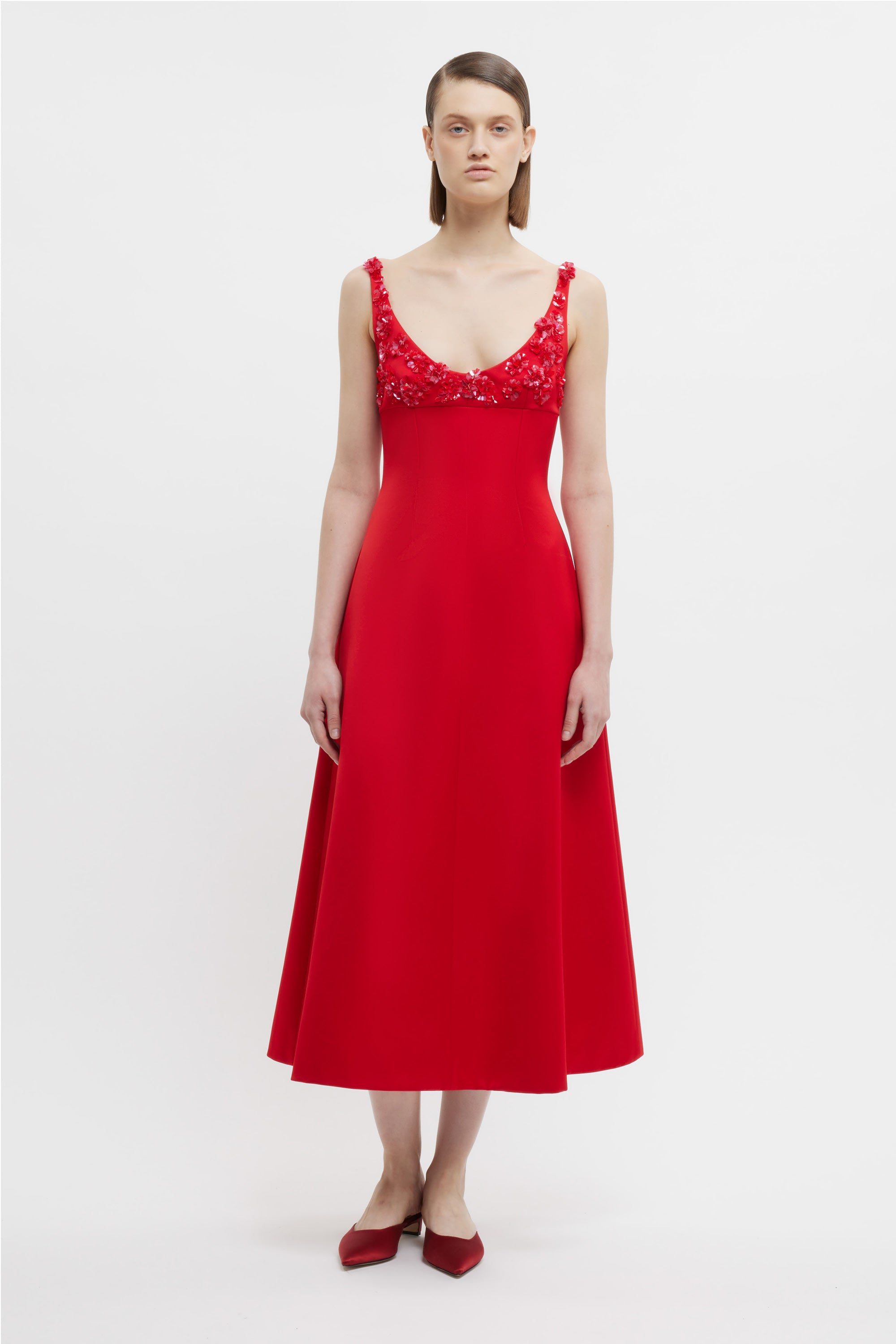 Abella Embellished Dress In Bright Red Doppio Satin | Emilia Wickstead