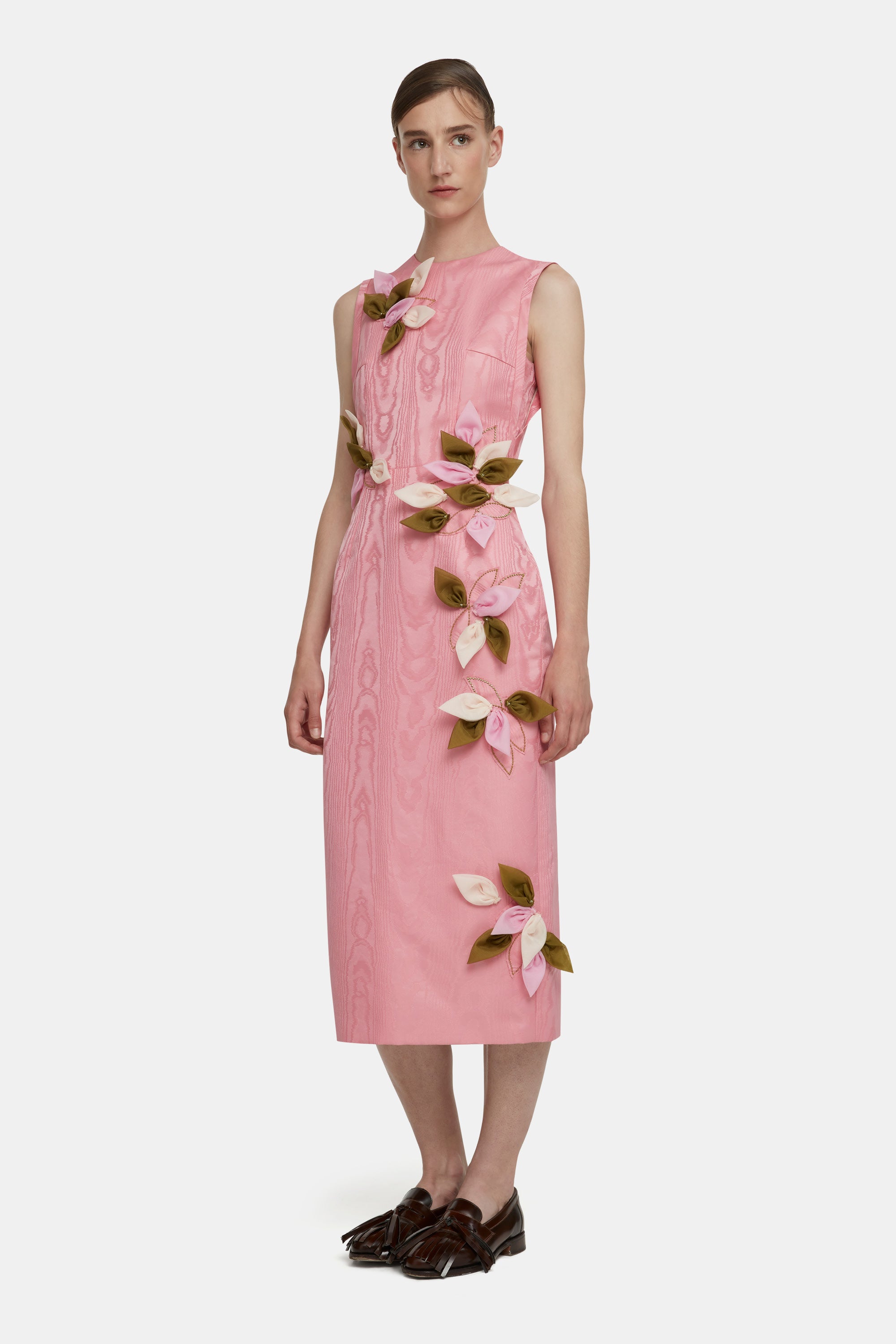 Cappia Petal Applique Dress in Pink Moire Mikado | Emilia