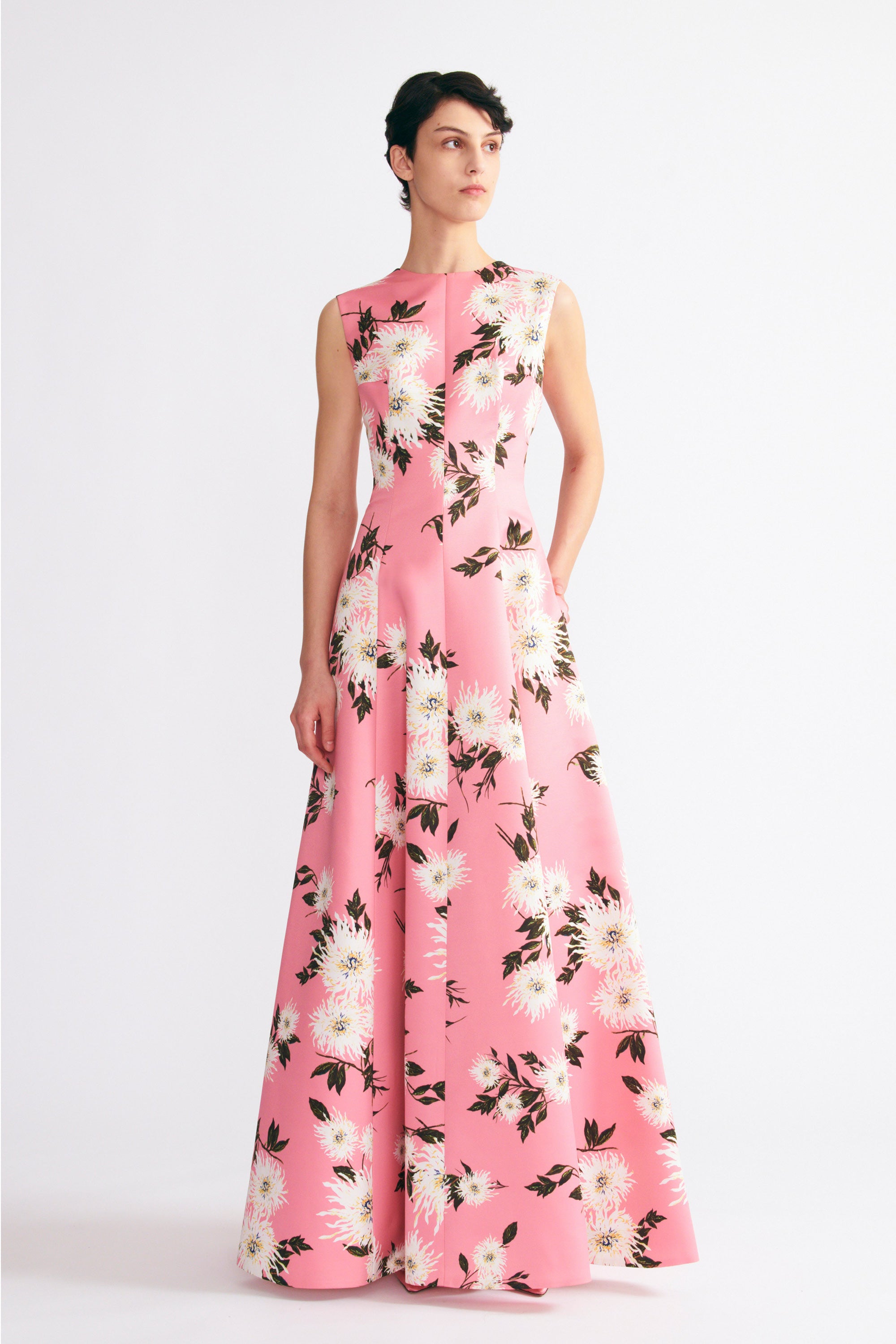 Nodin Gown In Coral Dahlia Floral Taffeta Faille | Emilia Nodin Gown In Coral Dahlia Floral Taffeta Faille | Emilia