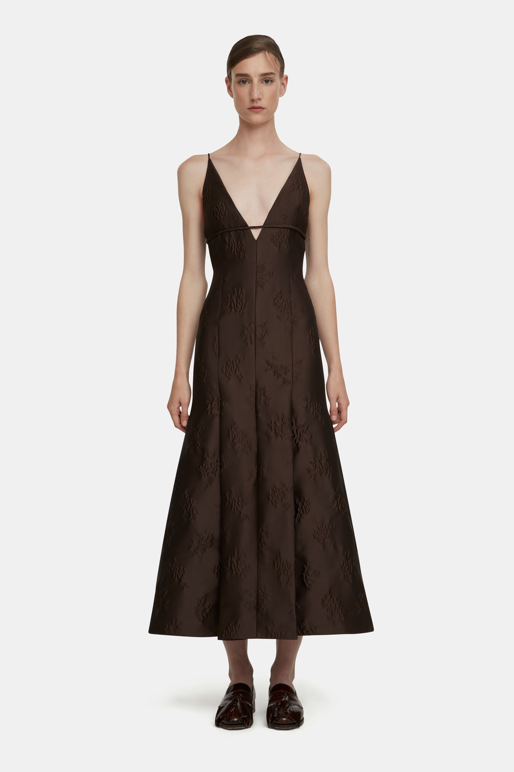 Opal Dress in Brown Floral Jacquard Opal Dress in Brown Floral Jacquard