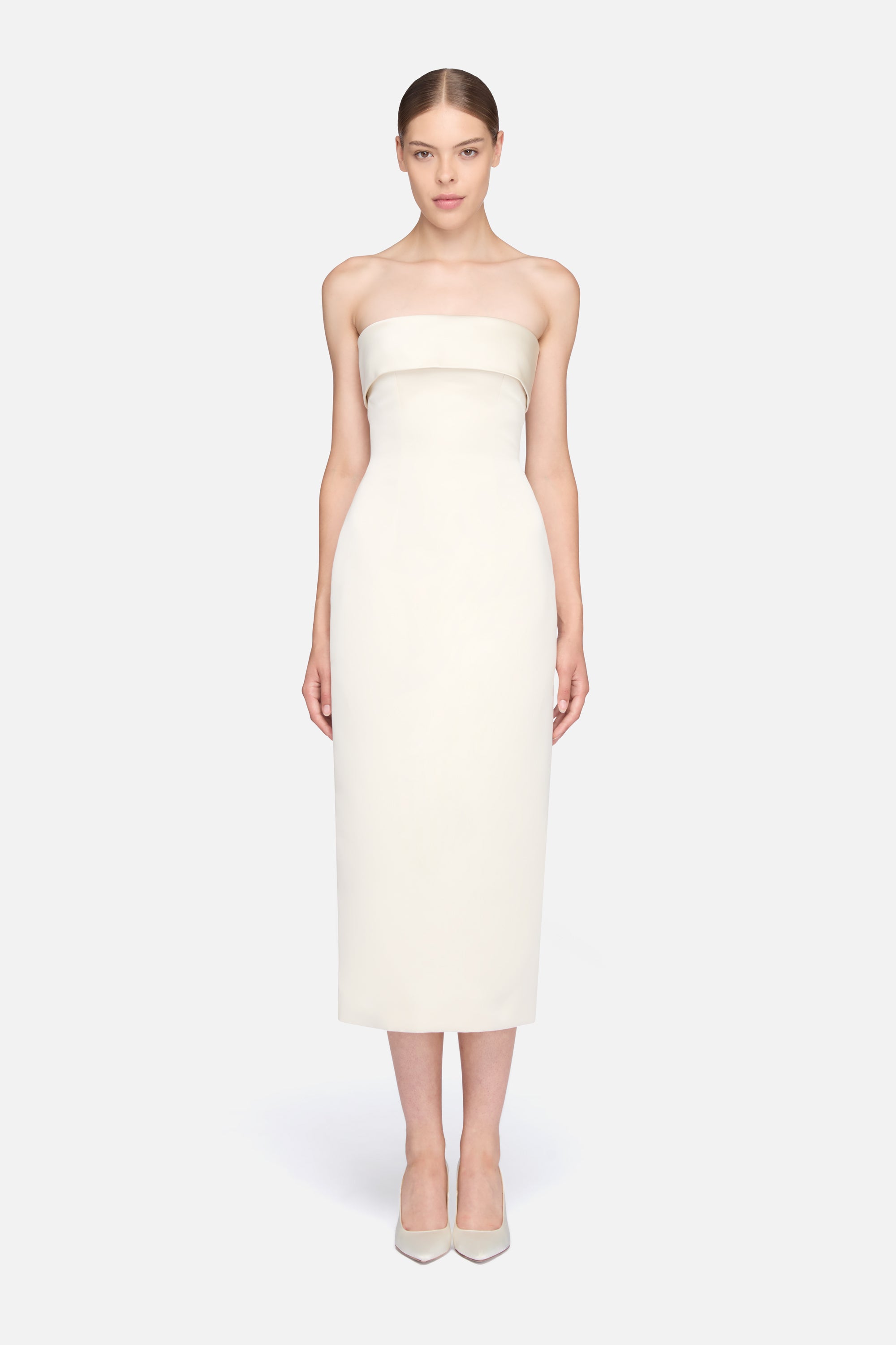 emilia wickstead ivory dress Keeley |Ivory Duchess Satin Strapless Dress fabric:crochet
