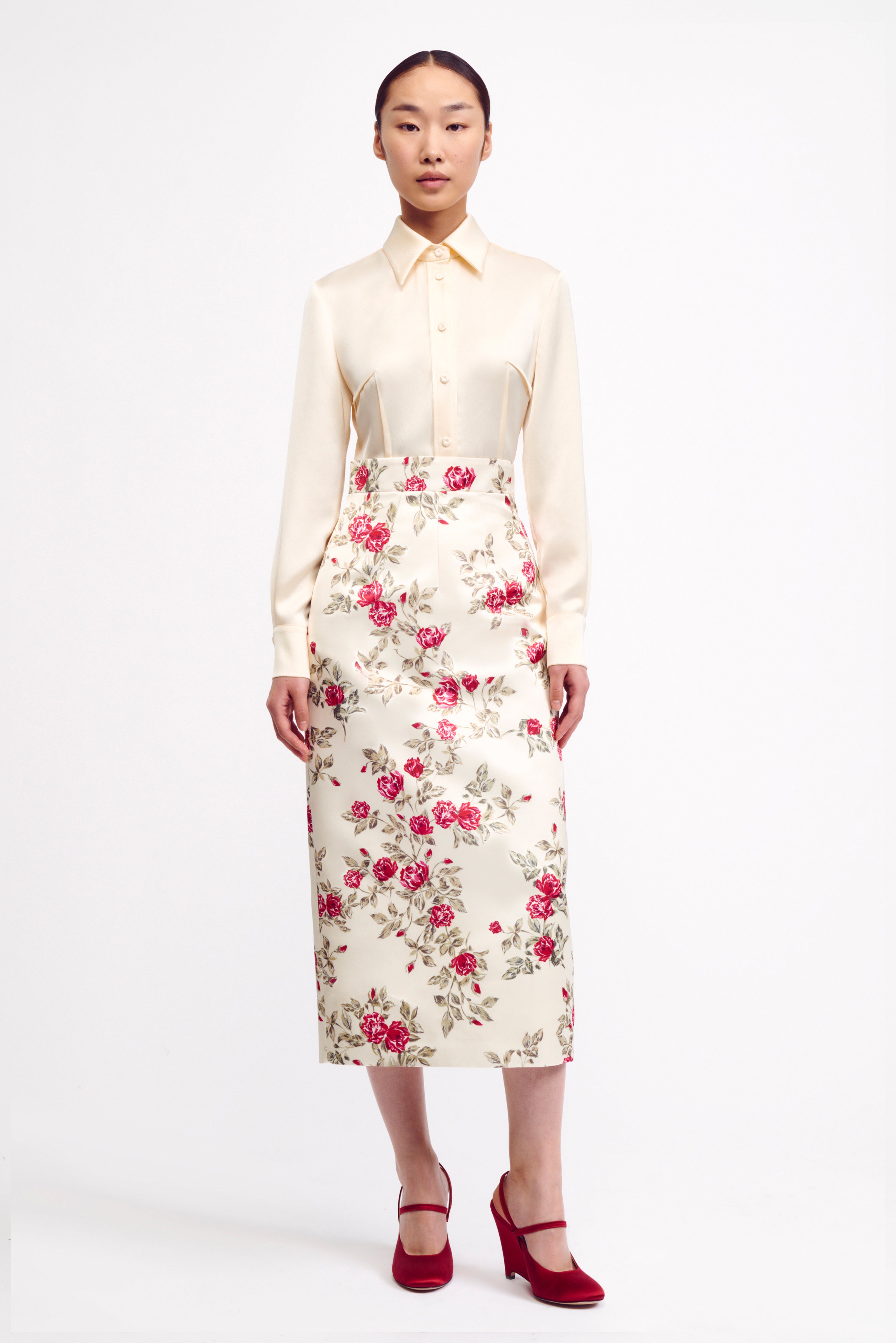 Lorinda Skirt in Red Rose Floral Printed Italian Duchess Satin | Emilia  Wickstead