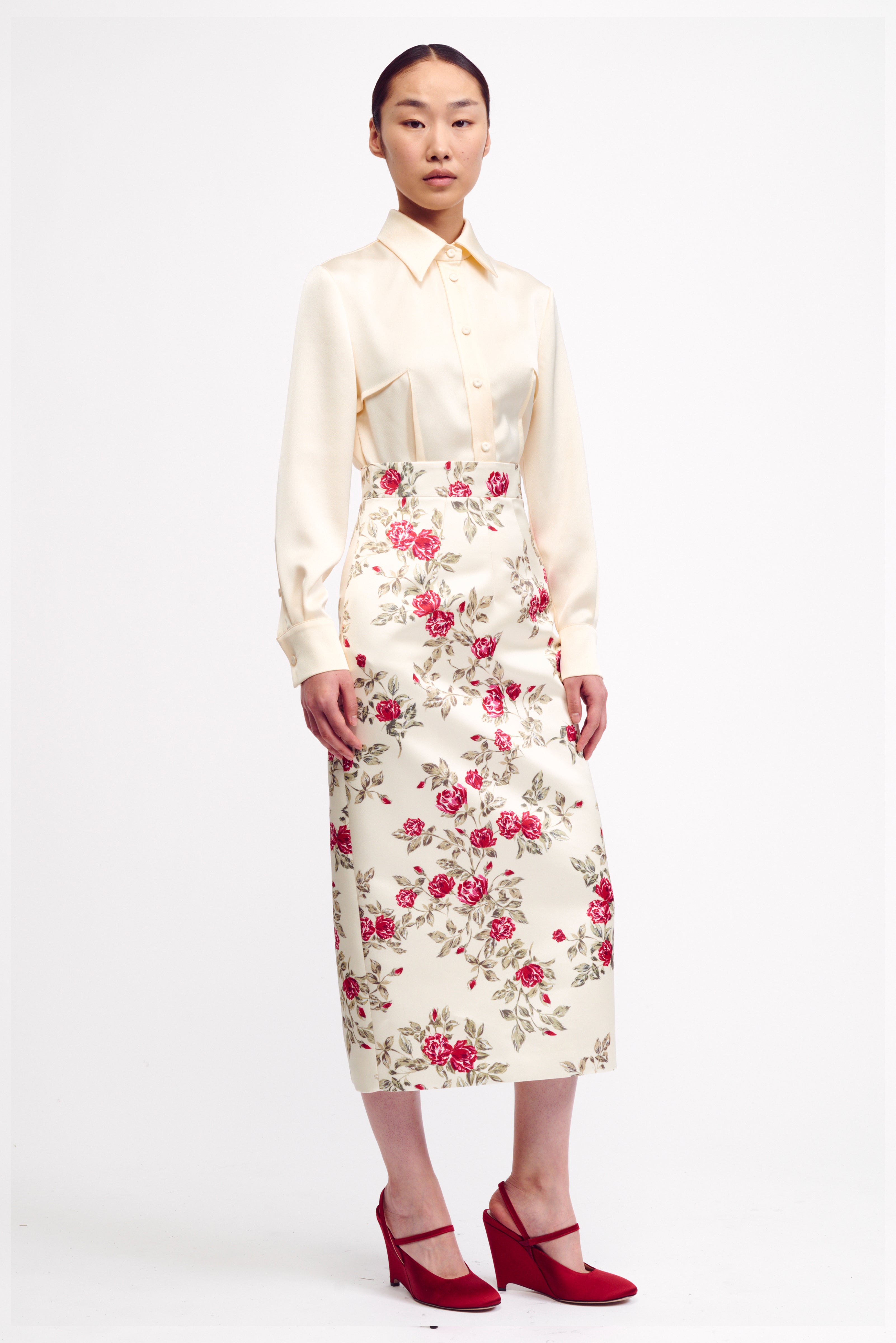 Lorinda Skirt in Red Rose Floral Printed Italian Duchess Satin | Emilia Wickstead Lorinda Skirt in Red Rose Floral Printed Italian Duchess Satin | Emilia Wickstead