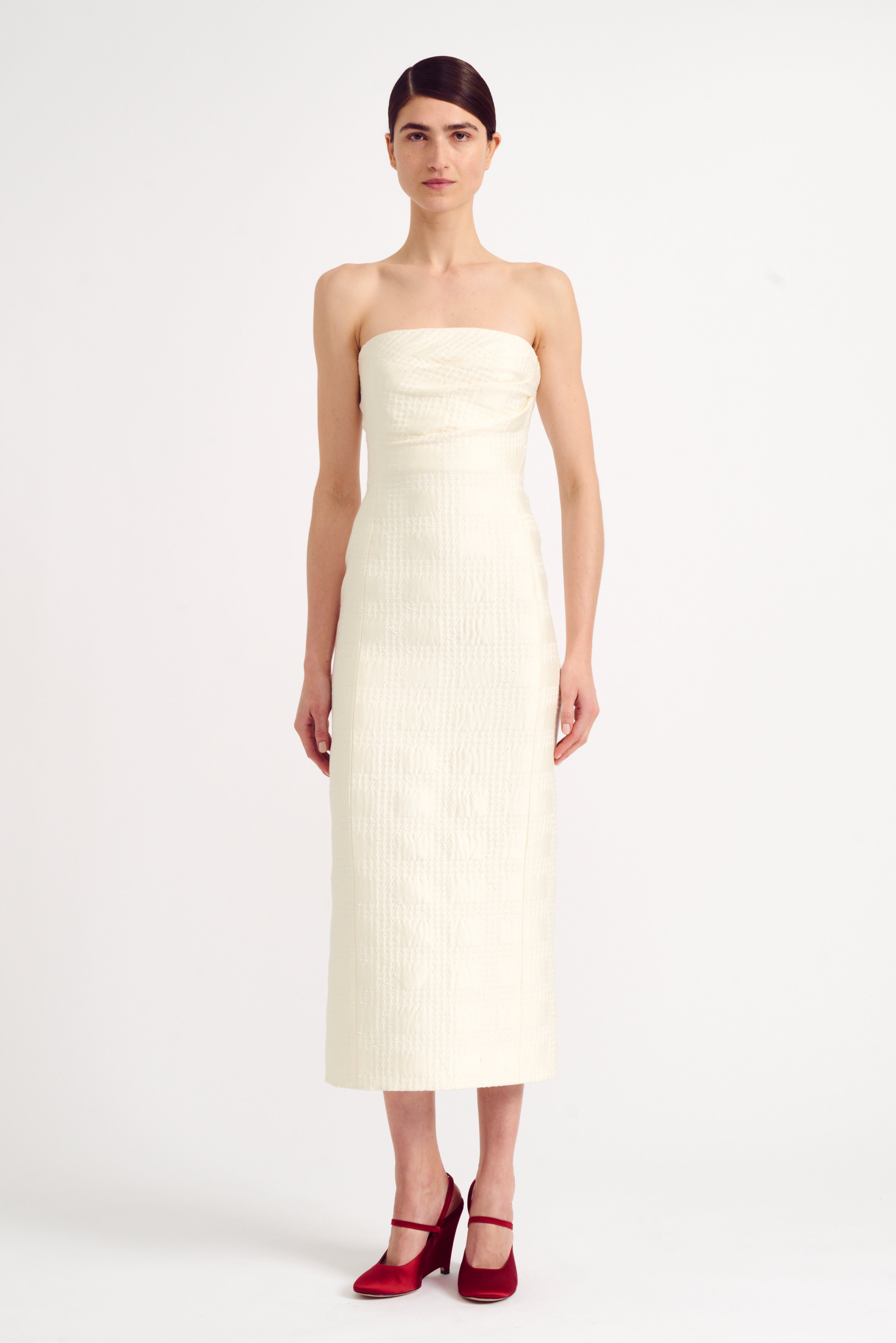 Lowre Strapless Dress in Check Ivory Tweed