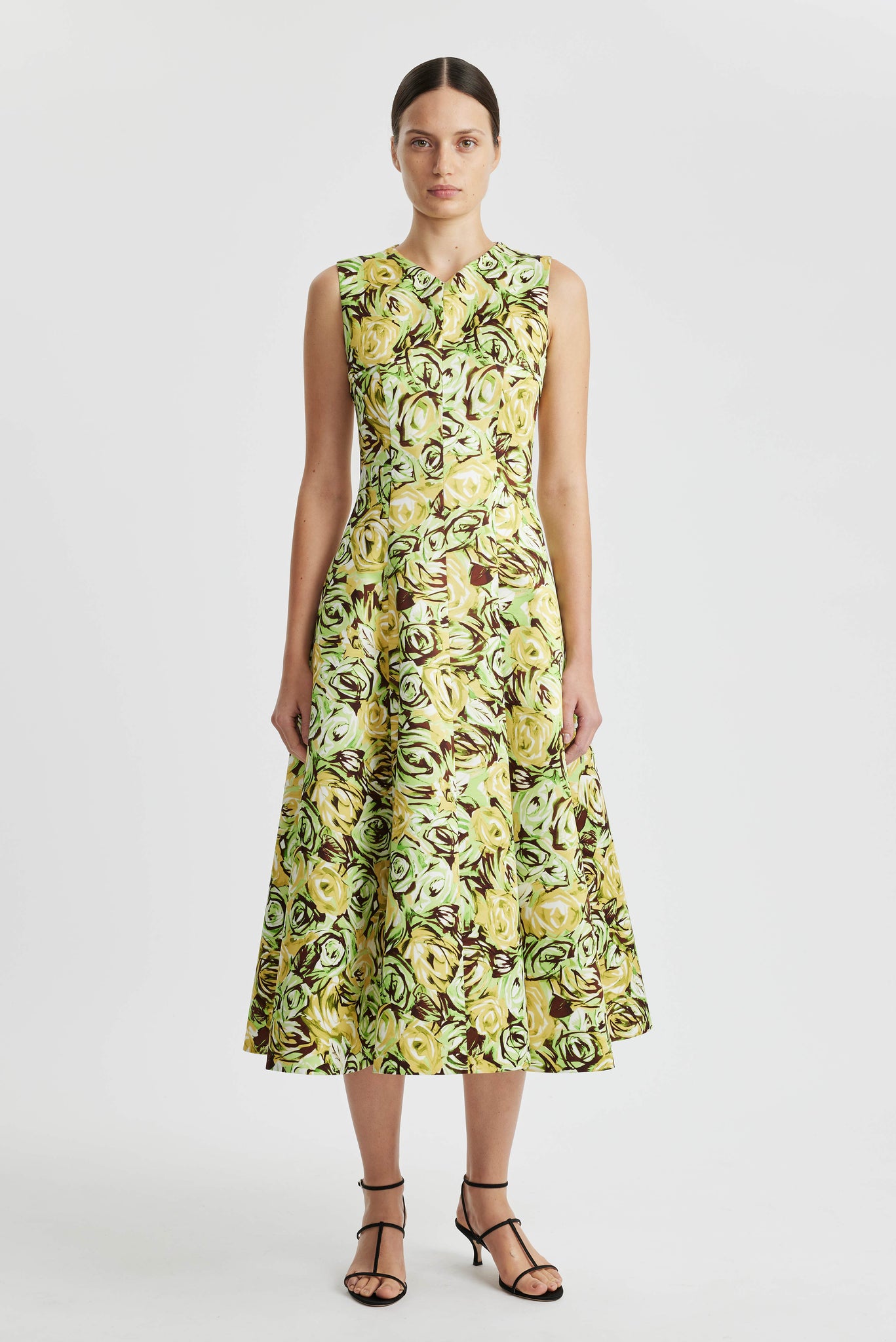 Madi Dress In Abstract Green And Lemon Rose Printed Twill | Emilia Wickstead