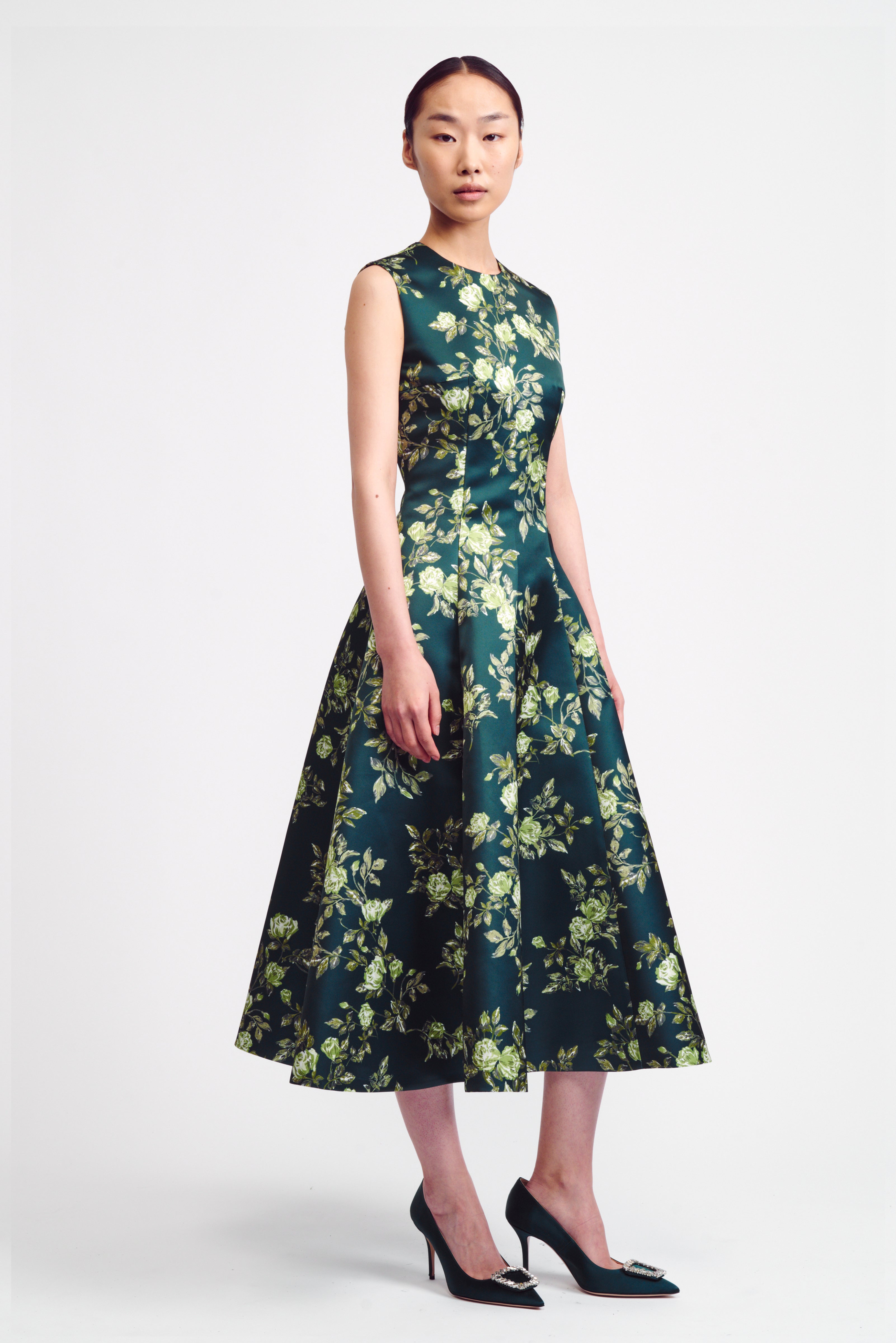 Mara Emerald Floral Printed Italian Duchess Satin Dress | Emilia Wickstead Mara Emerald Floral Printed Italian Duchess Satin Dress | Emilia Wickstead