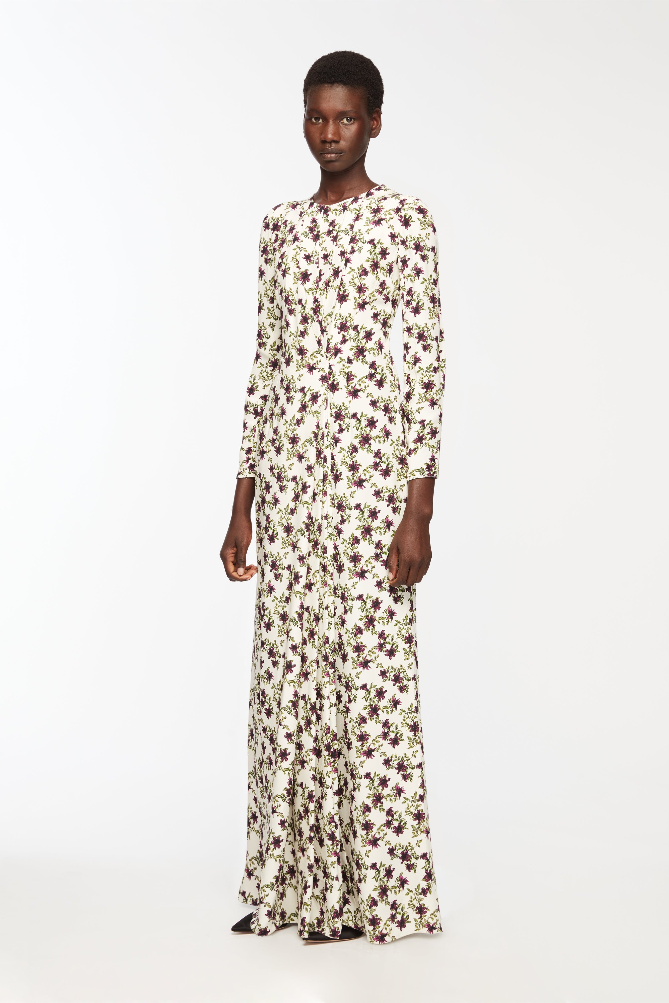 Emilia Wickstead - Silverio Dress In Purple & Olive Lillies On Ivory Silk Crepe de Chine
