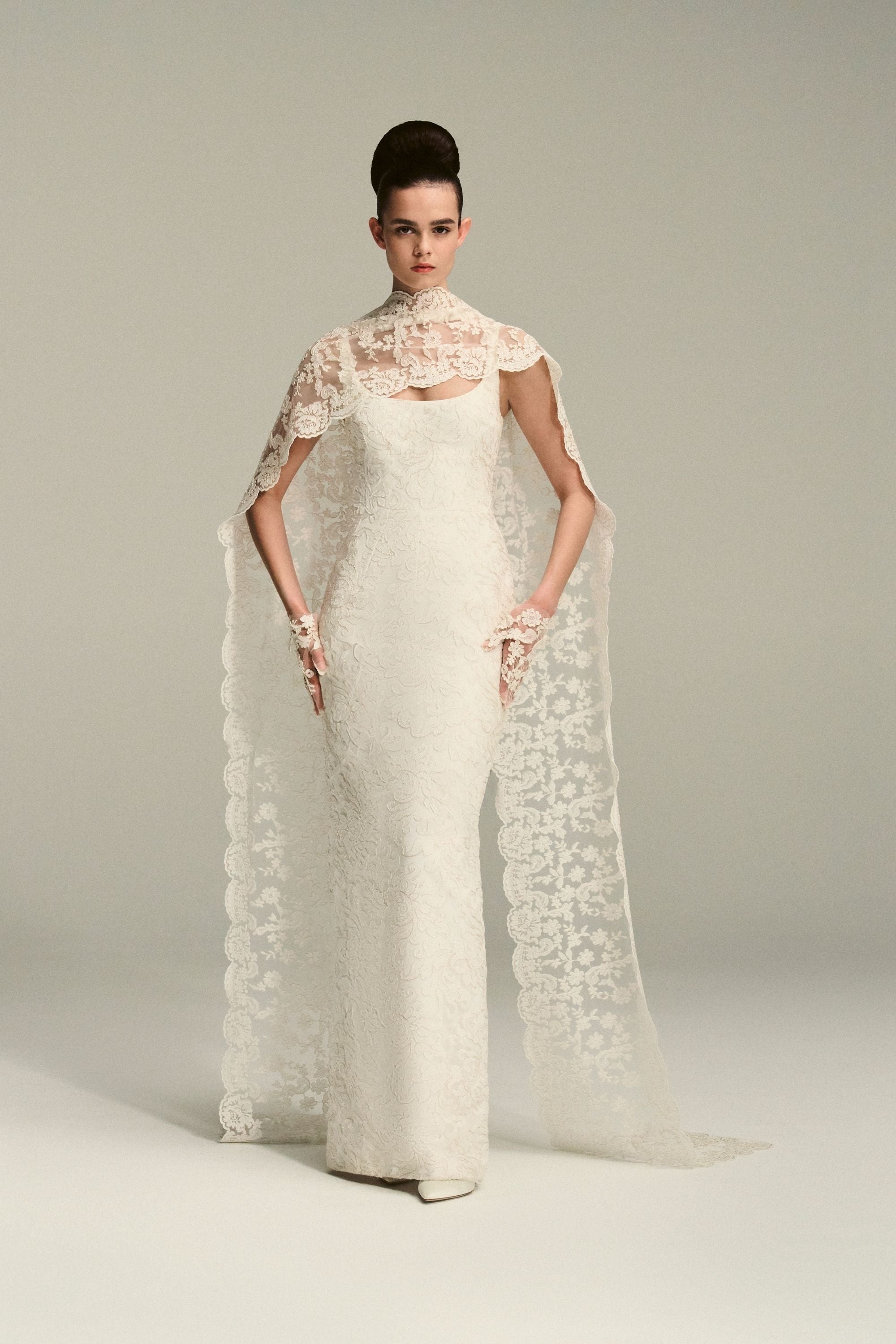 Eugenia Bridal Dress in Ivory Embroidered Lace with Cornelia Scarf Train