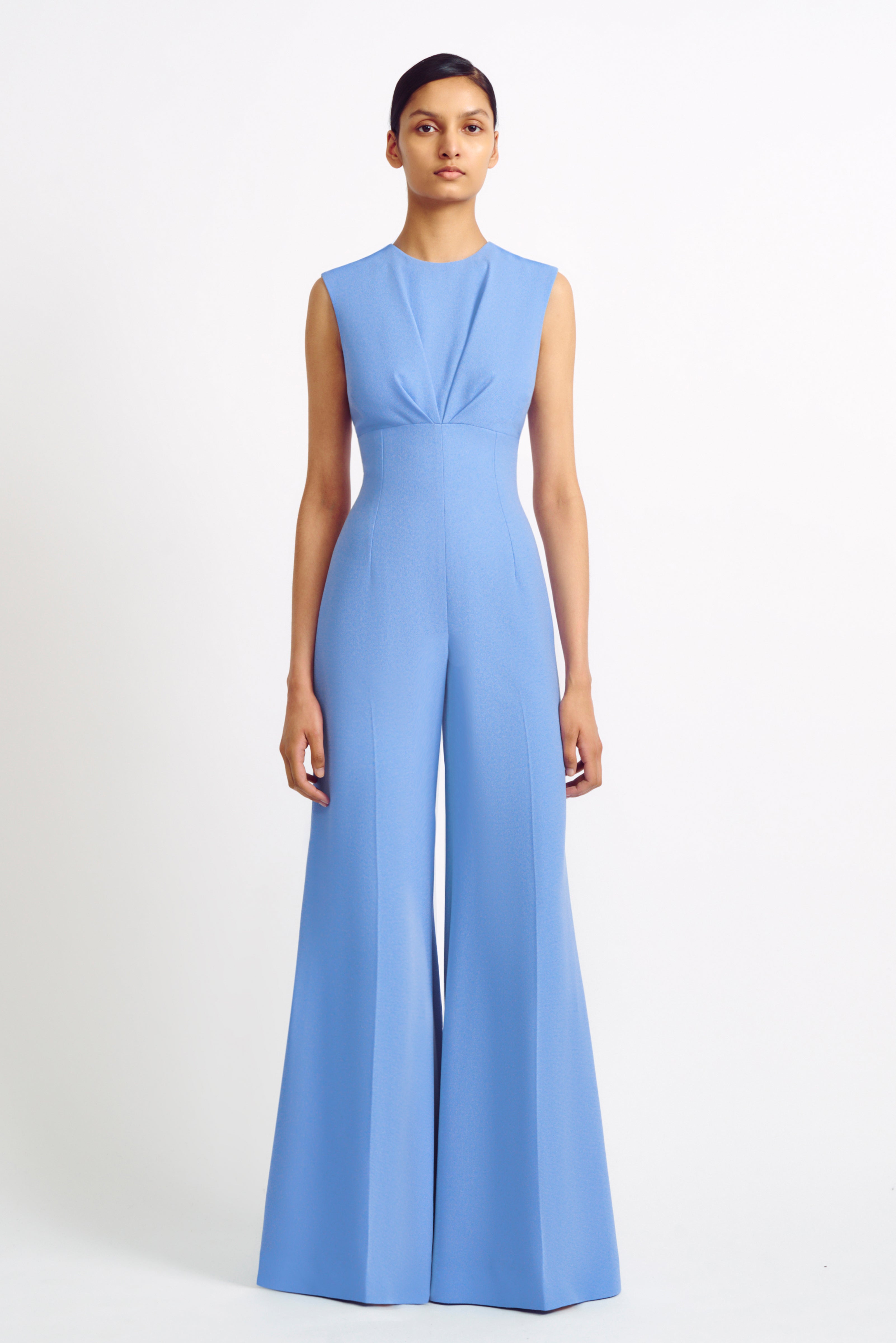 Whitney Blue Double Crepe Flared Jumpsuit Emilia Wickstead