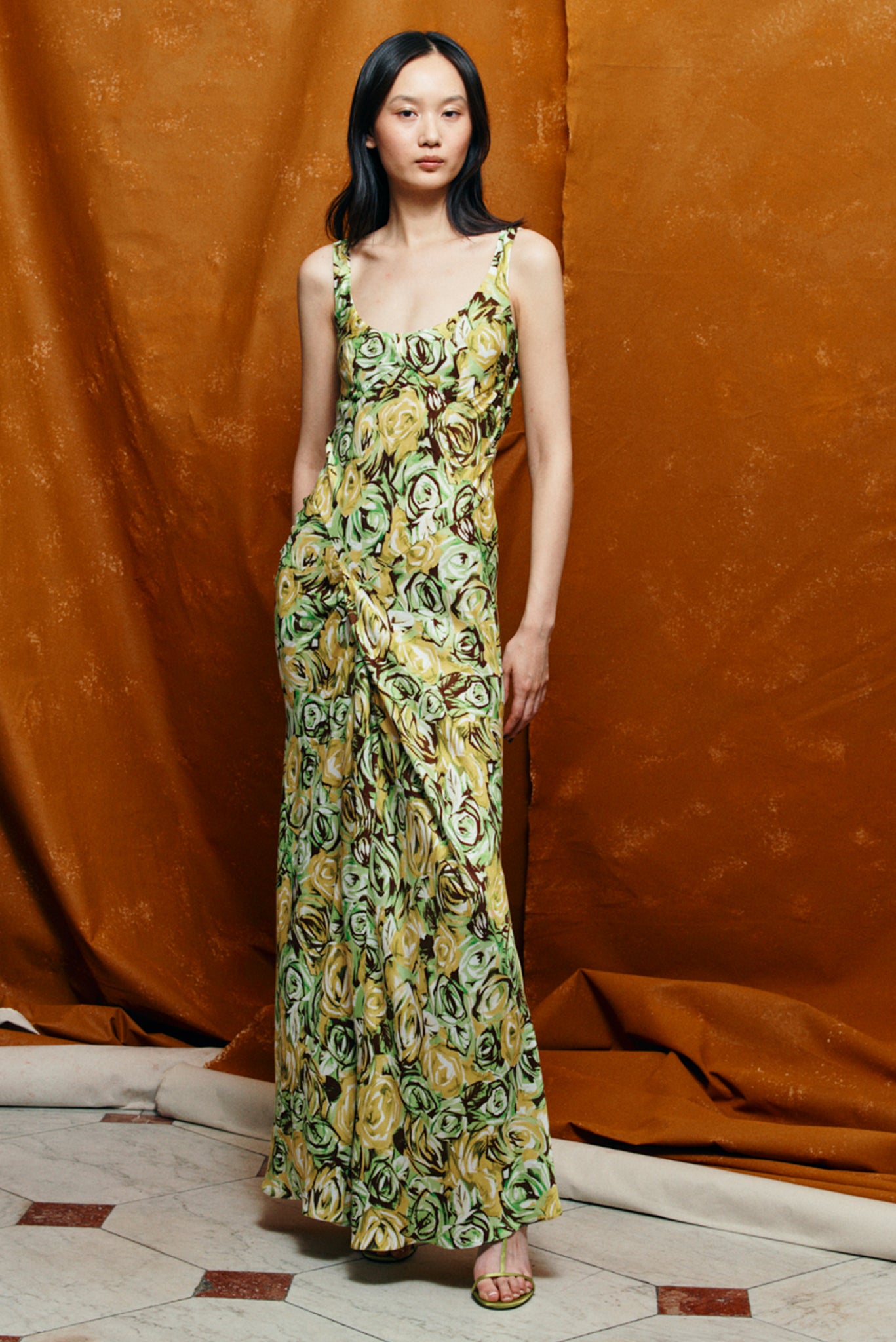 Barlow Dress In Abstract Green And Lemon Rose Printed Twill