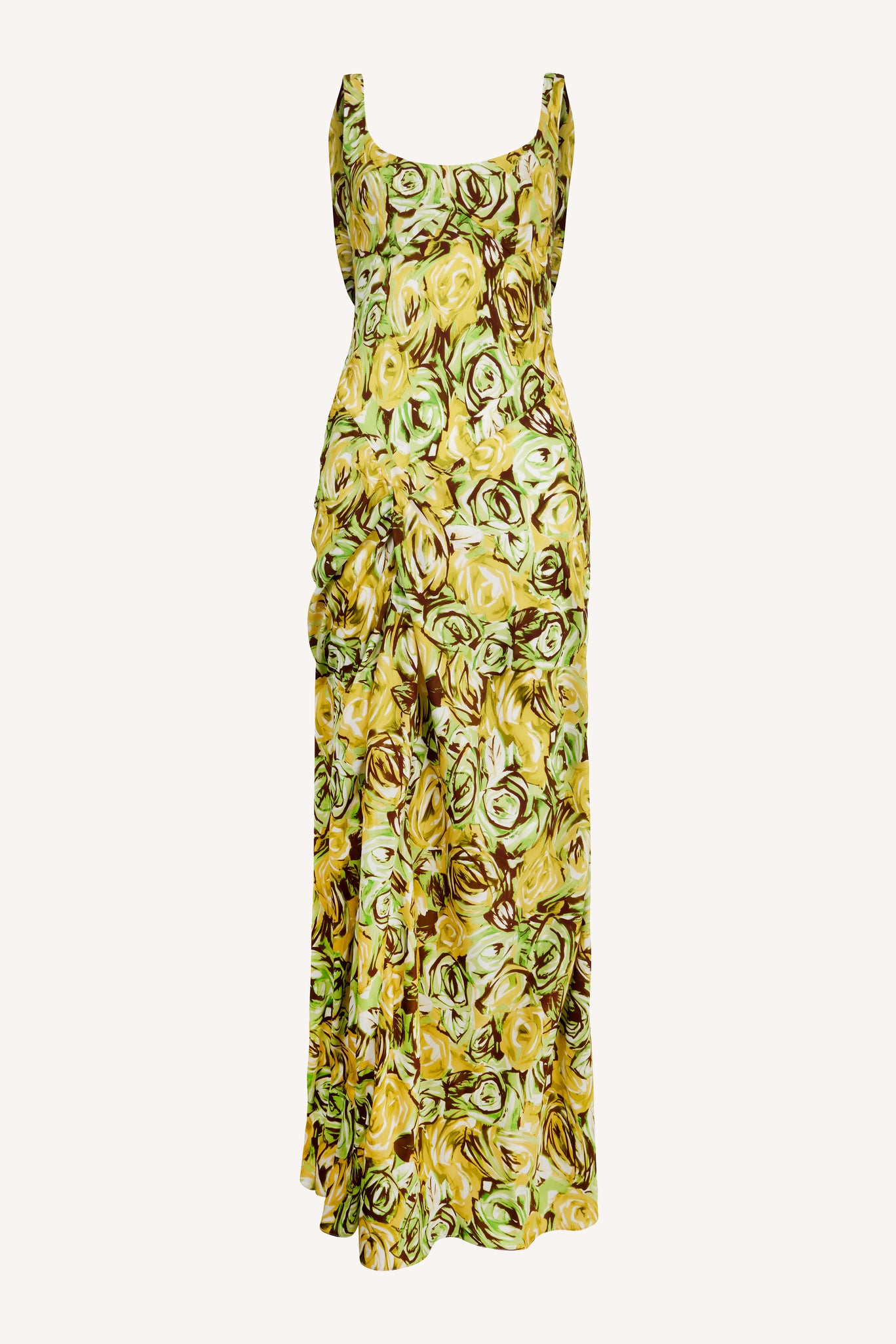 Barlow Dress In Abstract Green And Lemon Rose Printed Twill