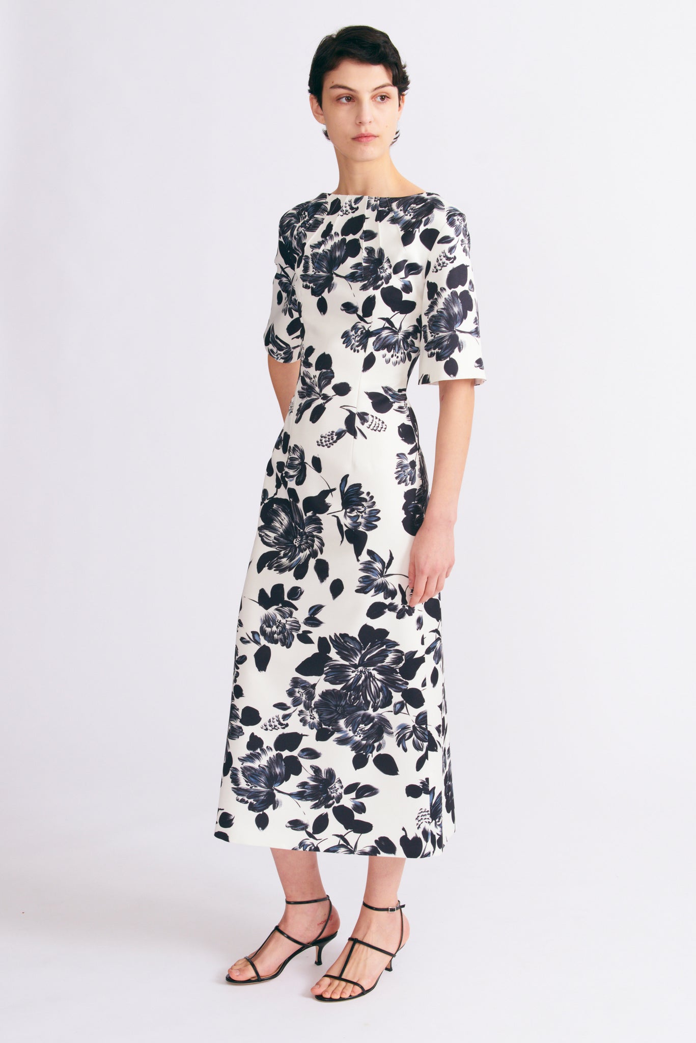 Kora Dress in Black and White Floral Print on Twill | Emilia Wickstead