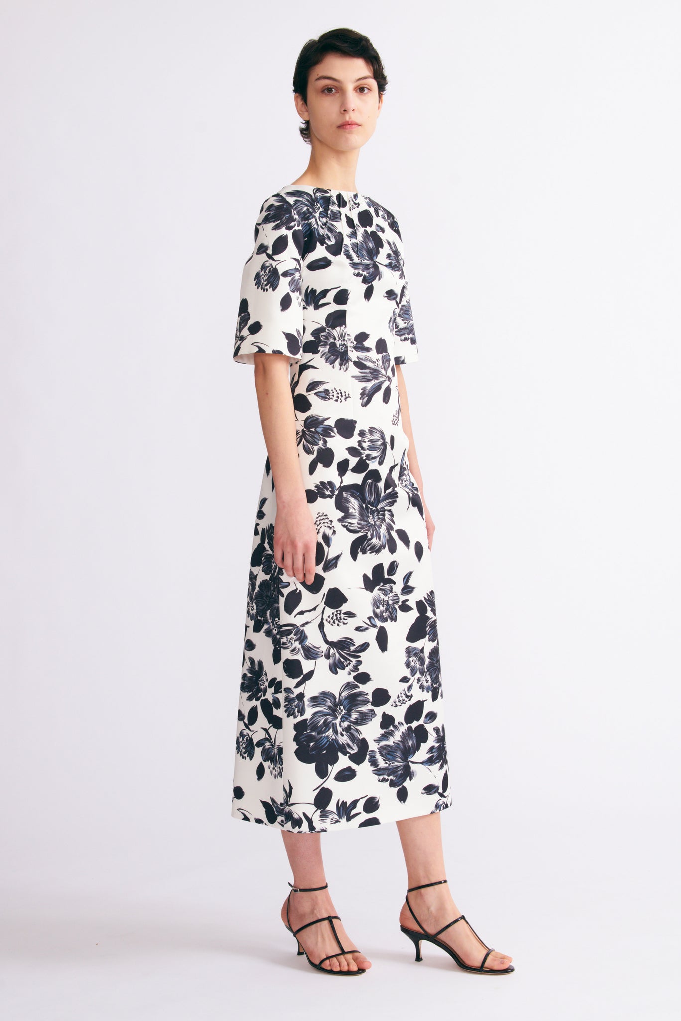 Kora Dress in Black and White Floral Print on Twill | Emilia Wickstead