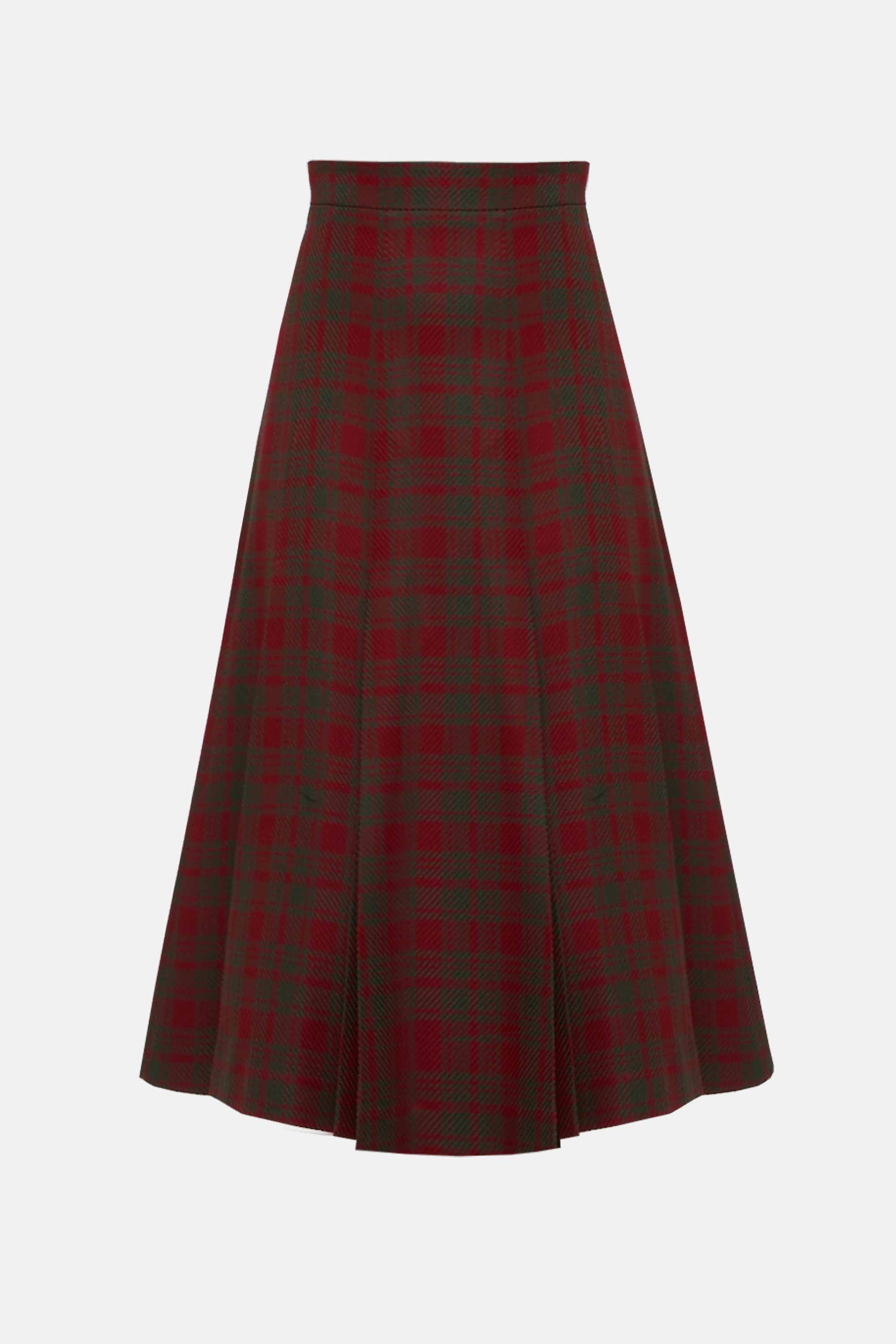 Kensie Skirt In Burgundy Green Check Merino Shetland Emilia