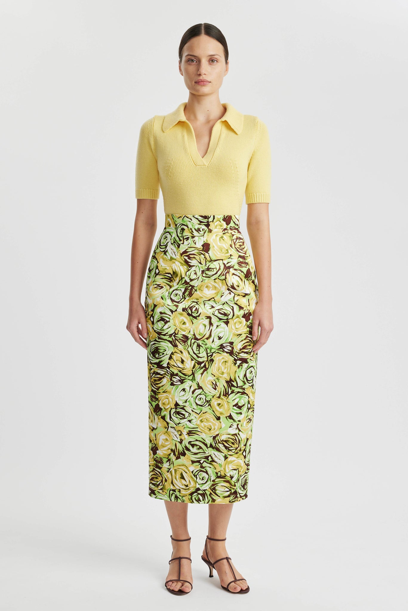 Lorelei Skirt In Abstract Roses Green & Lemon Twill | Emilia Wickstead