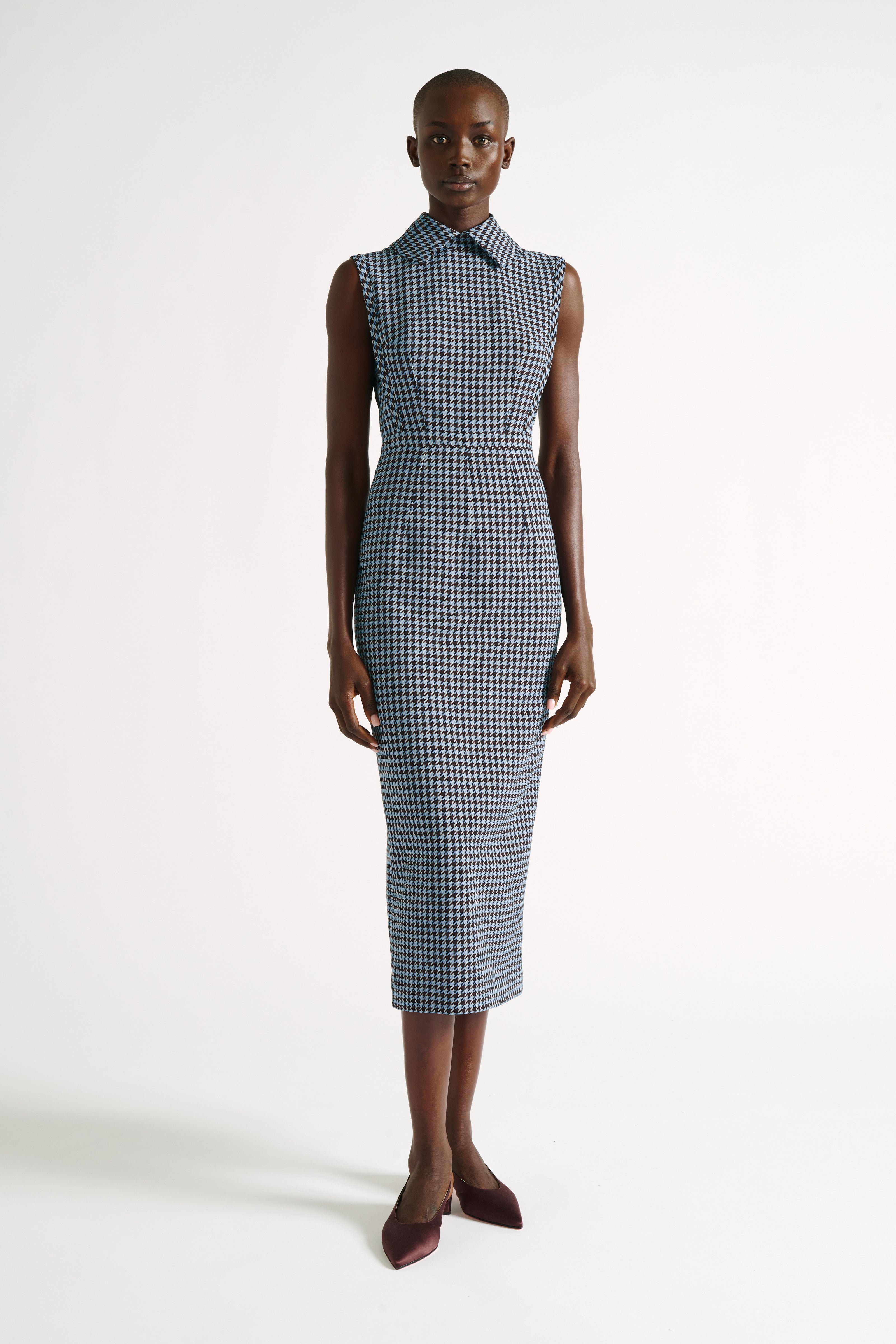 Miles Dress, Blue Houndstooth Pencil Dress in Crepe Georgette