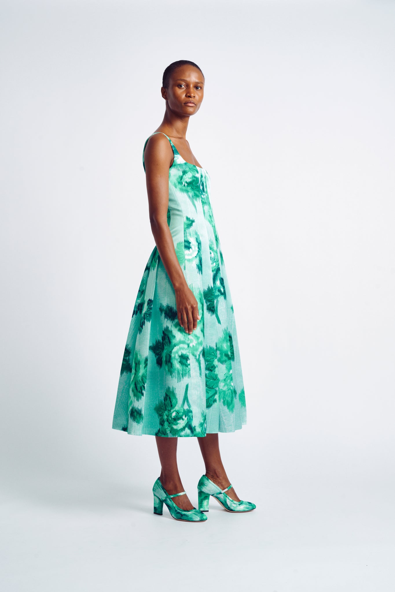 Adele Dress | Green Floral Printed Fit-and-Flare Midi Dress | Emilia Wickstead