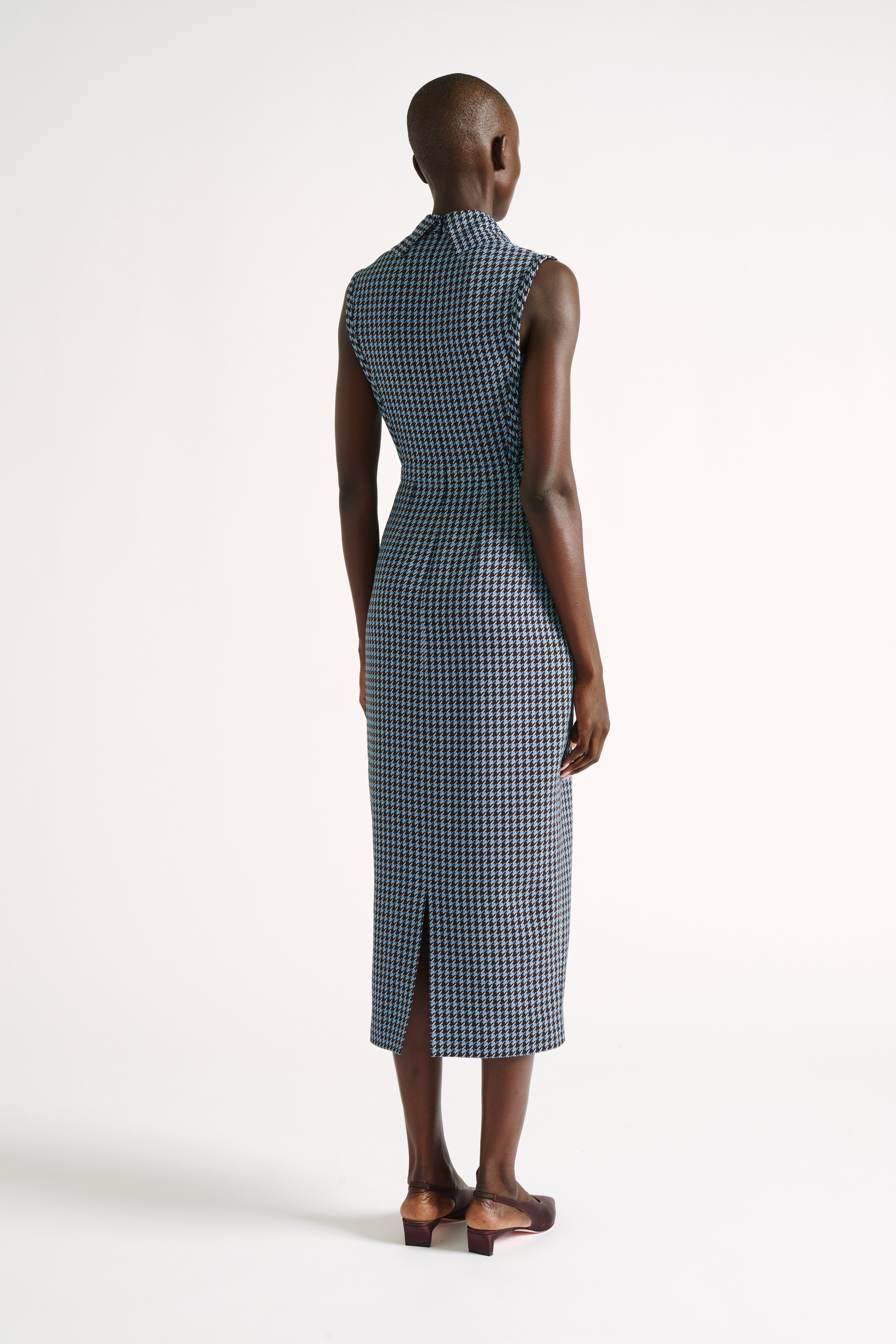 Miles Dress  Blue Houndstooth Pencil Dress in Crepe Georgette