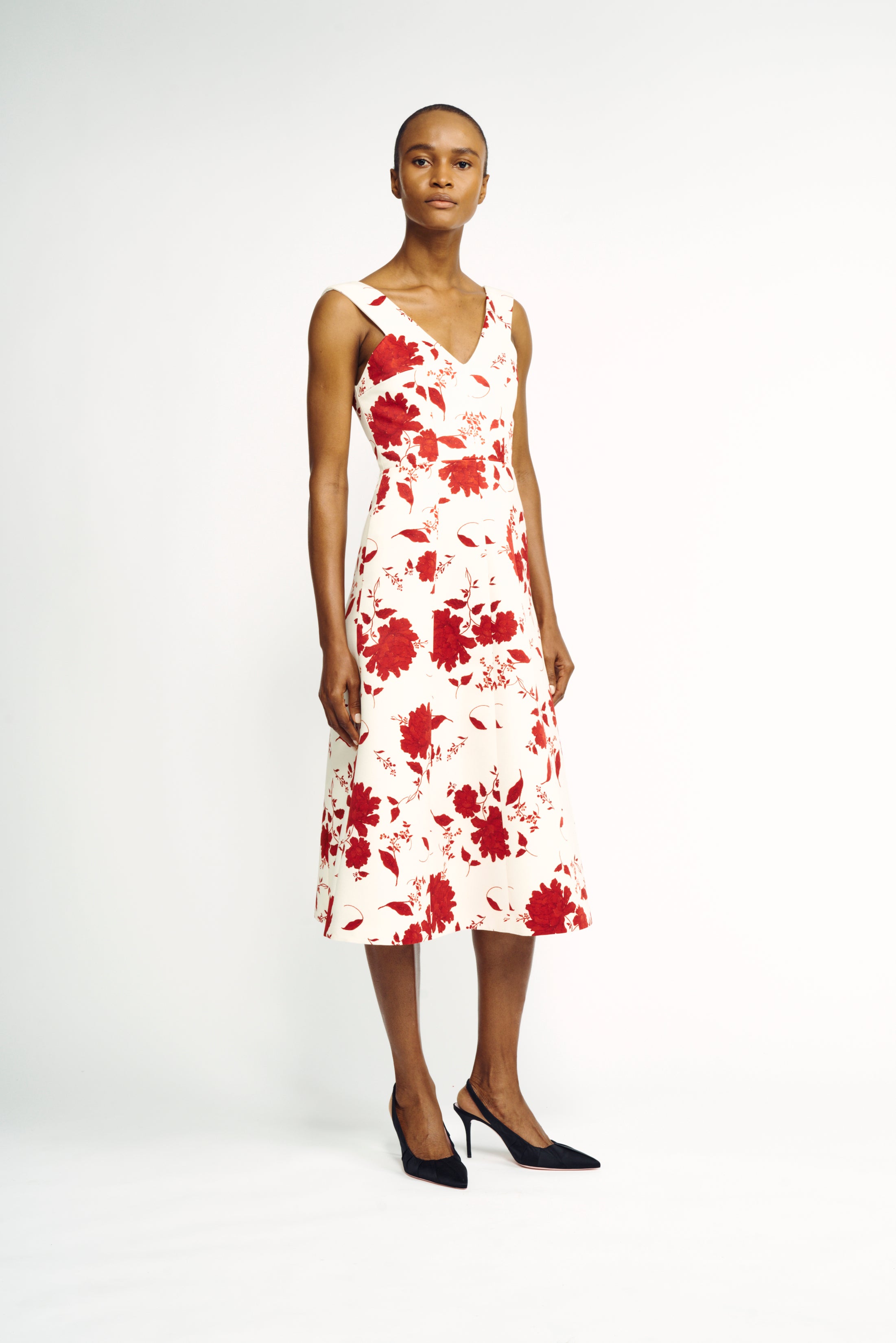 white dress red floral Petrova Dress | Red & Ivory Floral Printed V-Neck Midi Dress