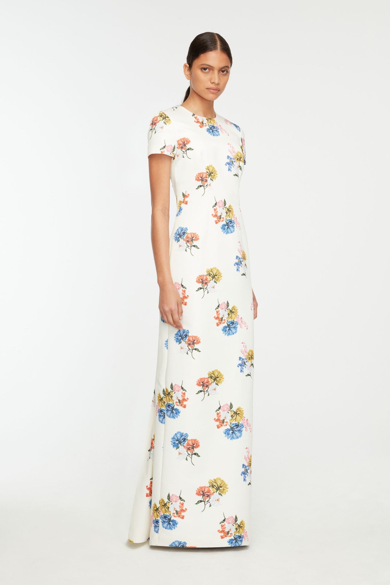Fosette Dress In Retro Bouquet On White Taffeta Faille