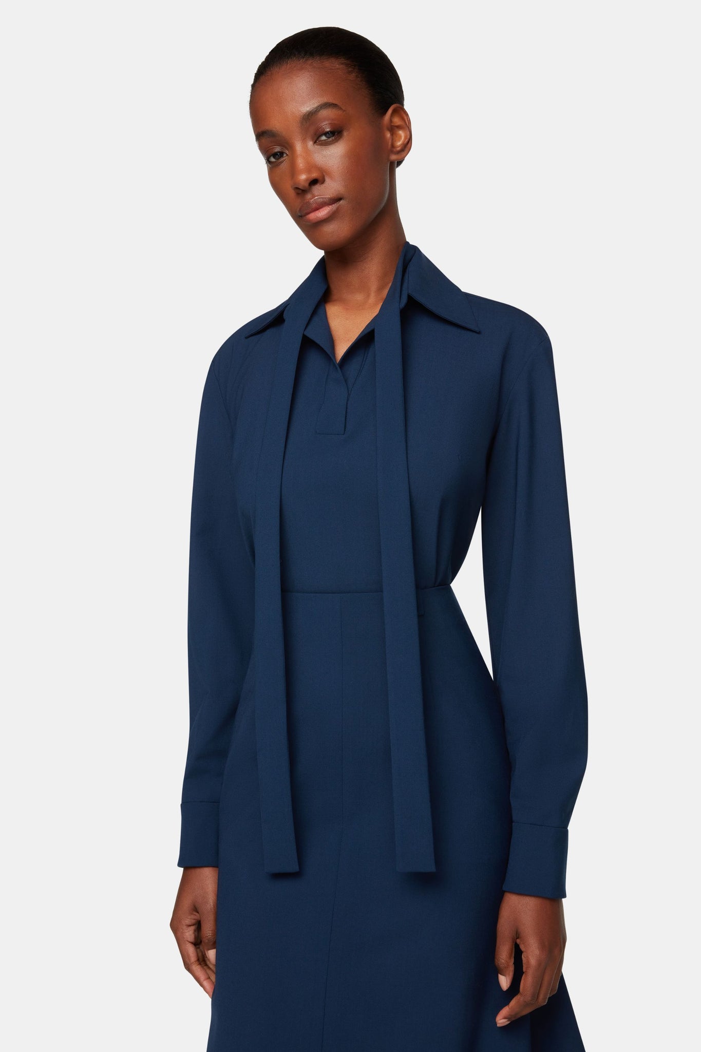 Izod Top In Navy Summer Wool model detail | Emilia Wickstead