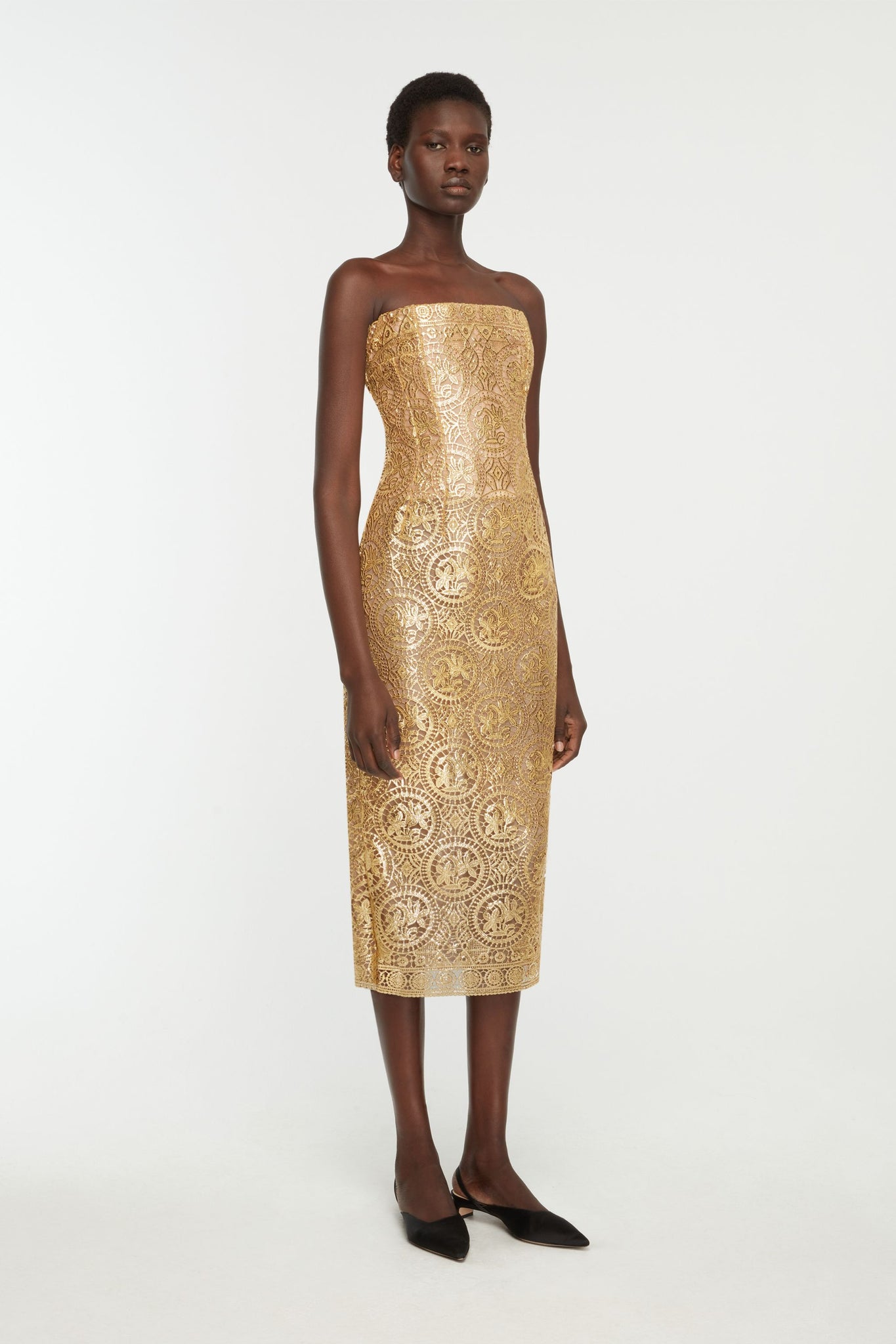 Leila Dress In Gold Foiled Guipure
