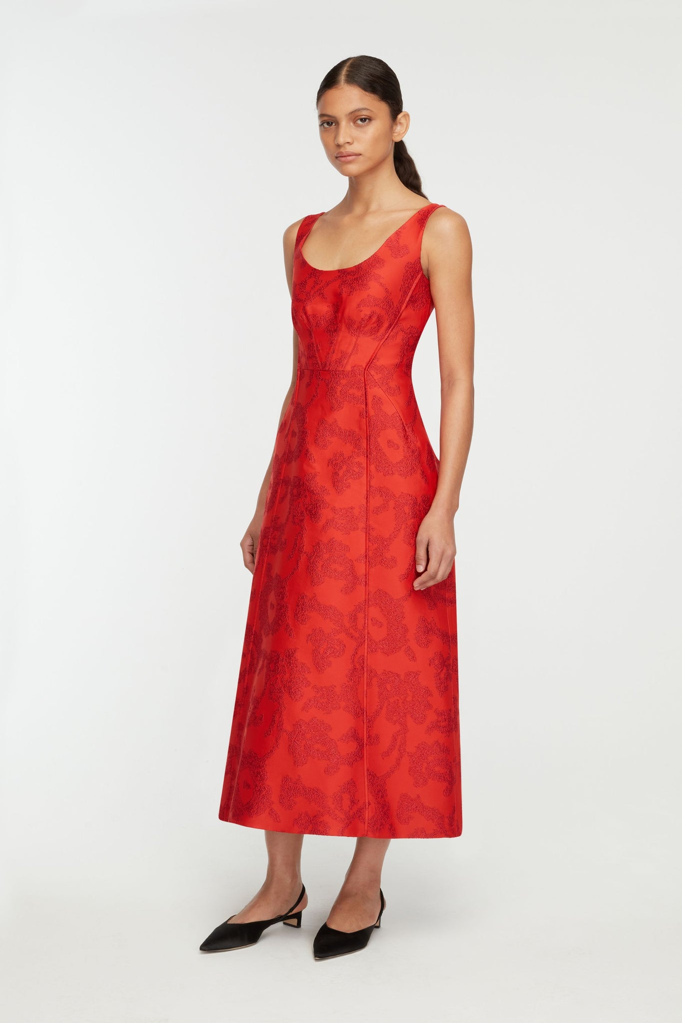 Labrina Dress In Red Boucle | Full body side front