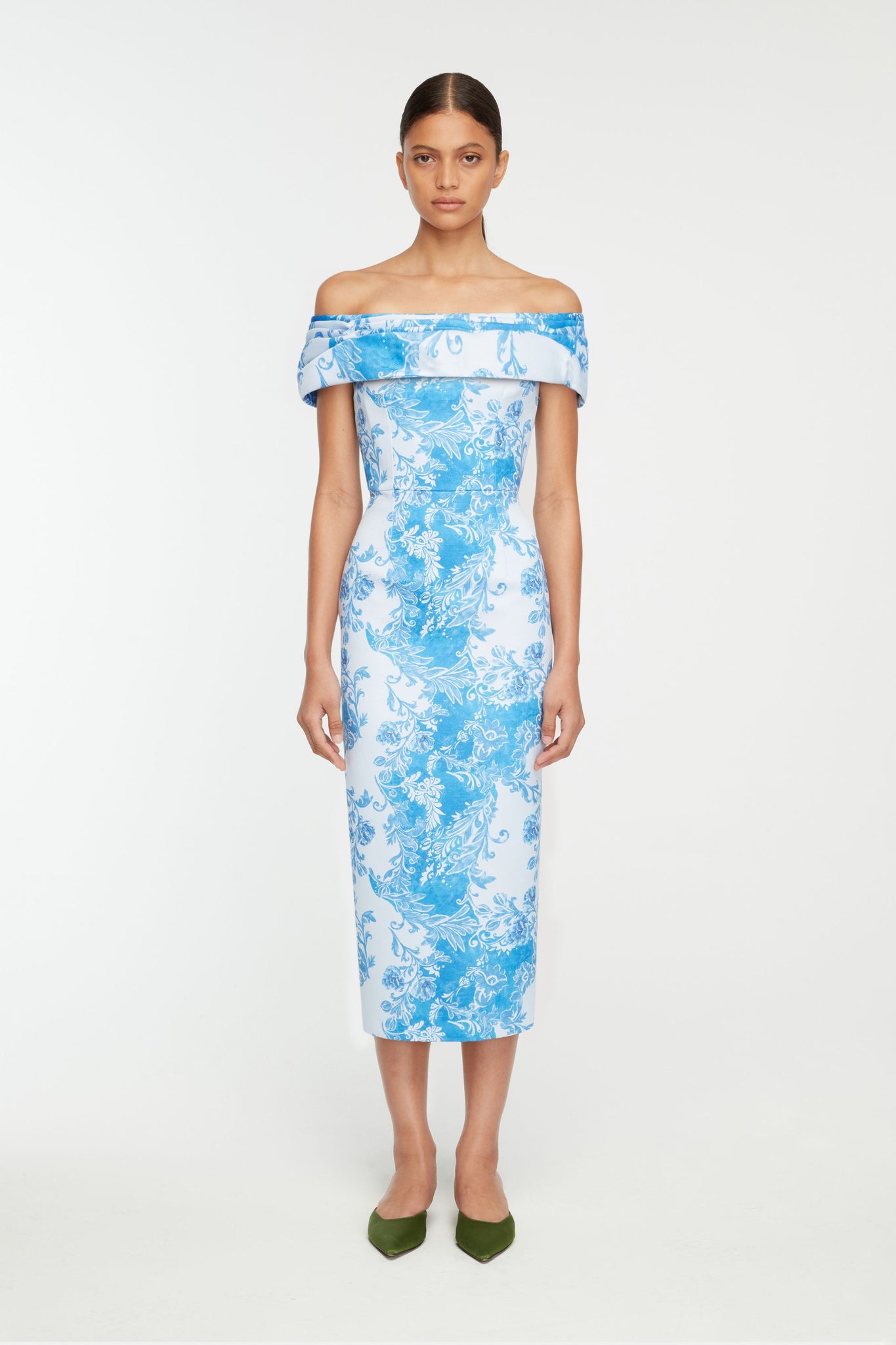 Rochelle Dress In Blue Floral Damask Taffeta Faille
