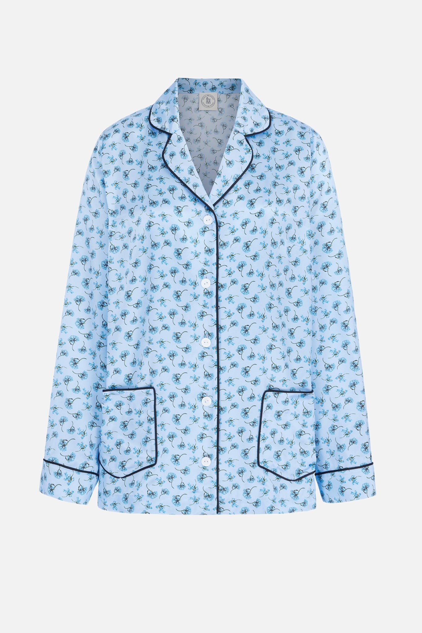 Trina Shirt In Ditsy Blue Marigold On Baby Blue Silk Satin