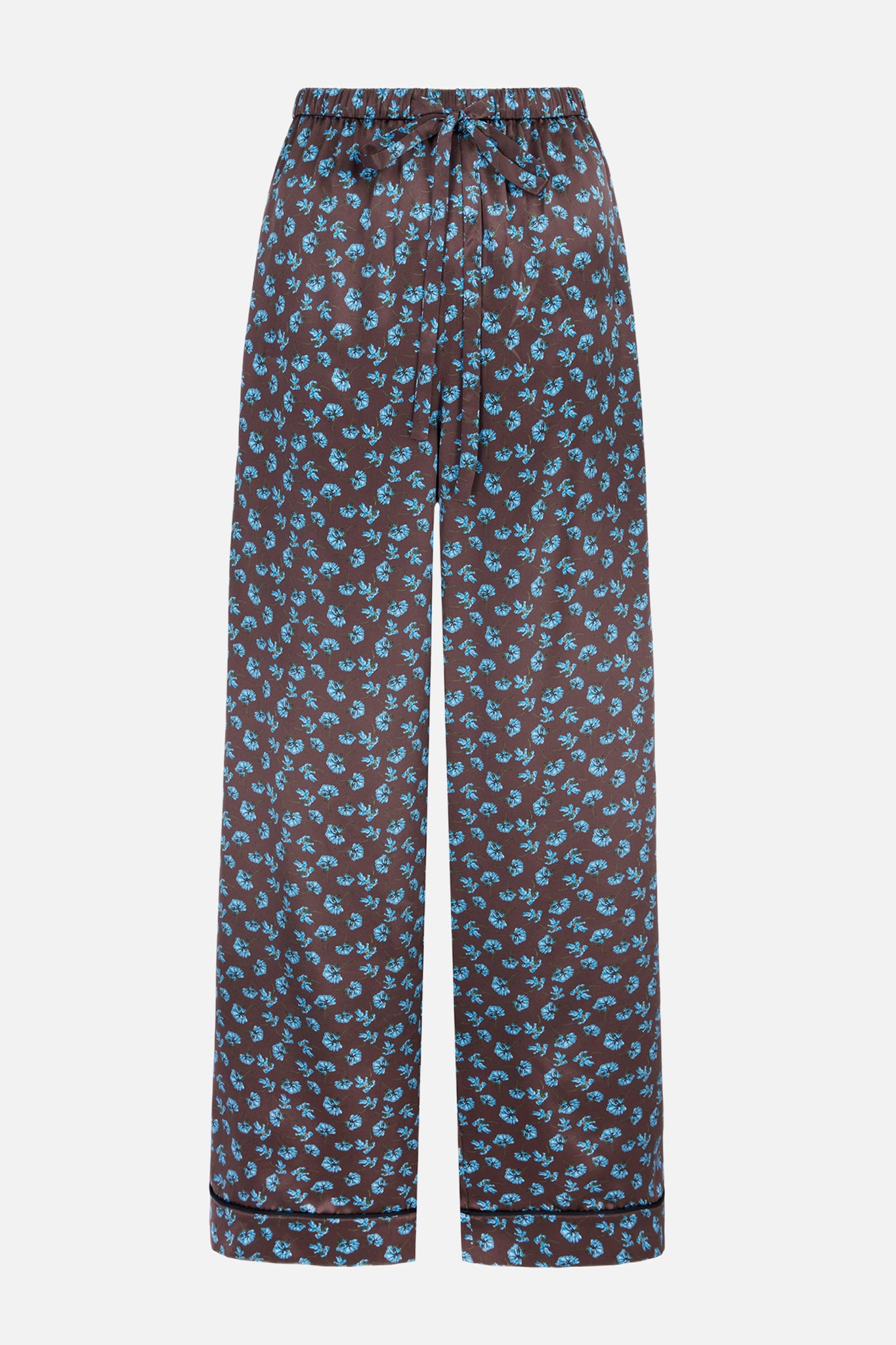 Ithaca Trousers In Ditsy Blue Marigold On Chocolate Silk Satin