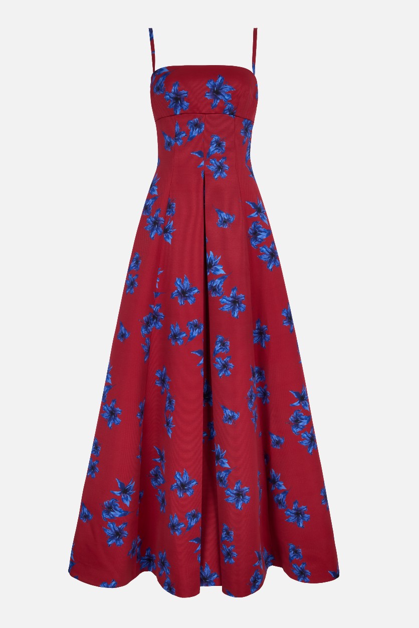 Oceana Dress In Red & Blue Festive Lillies Taffeta Faille