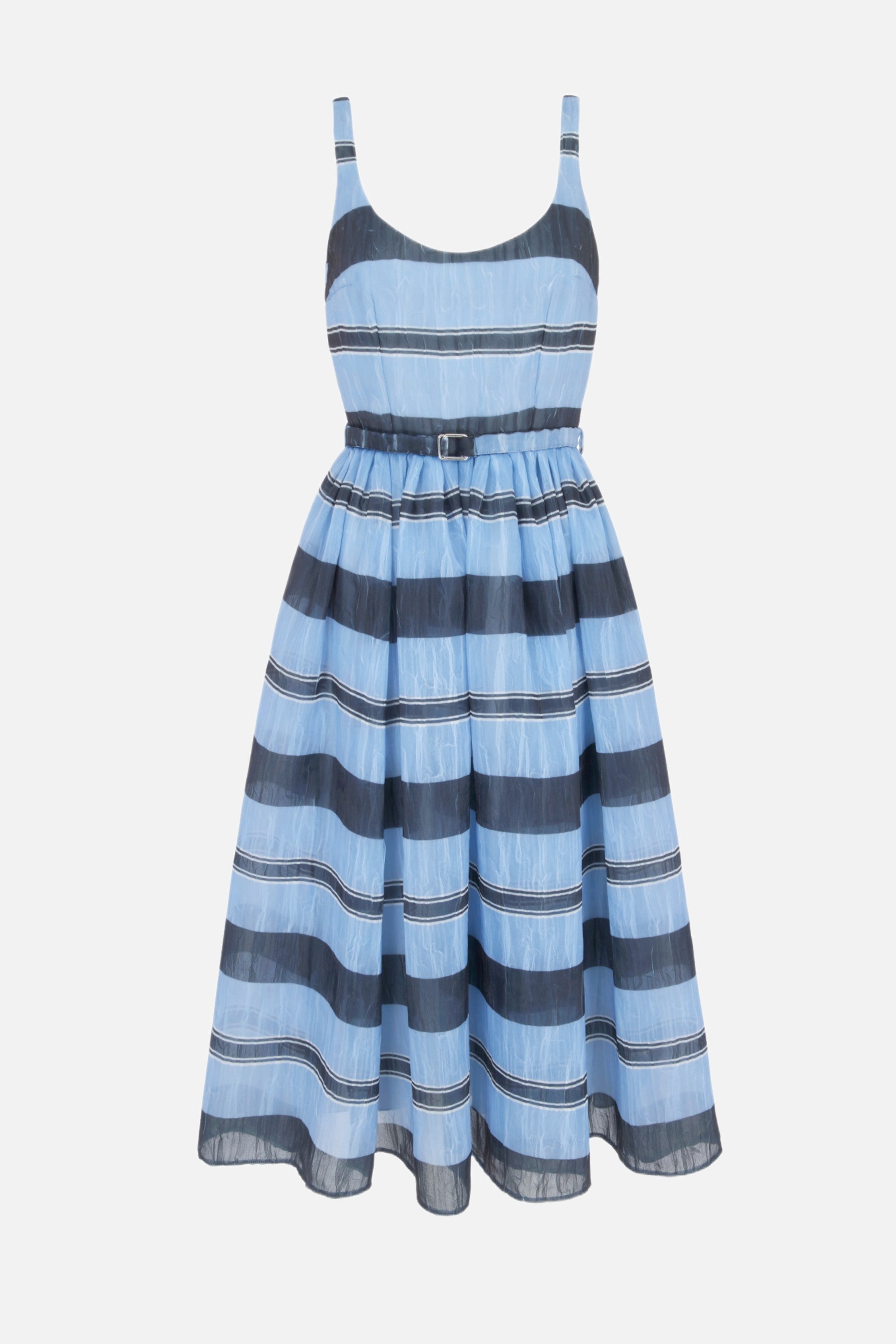 Eglantine Dress in Blue & Black Striped Textured Organza