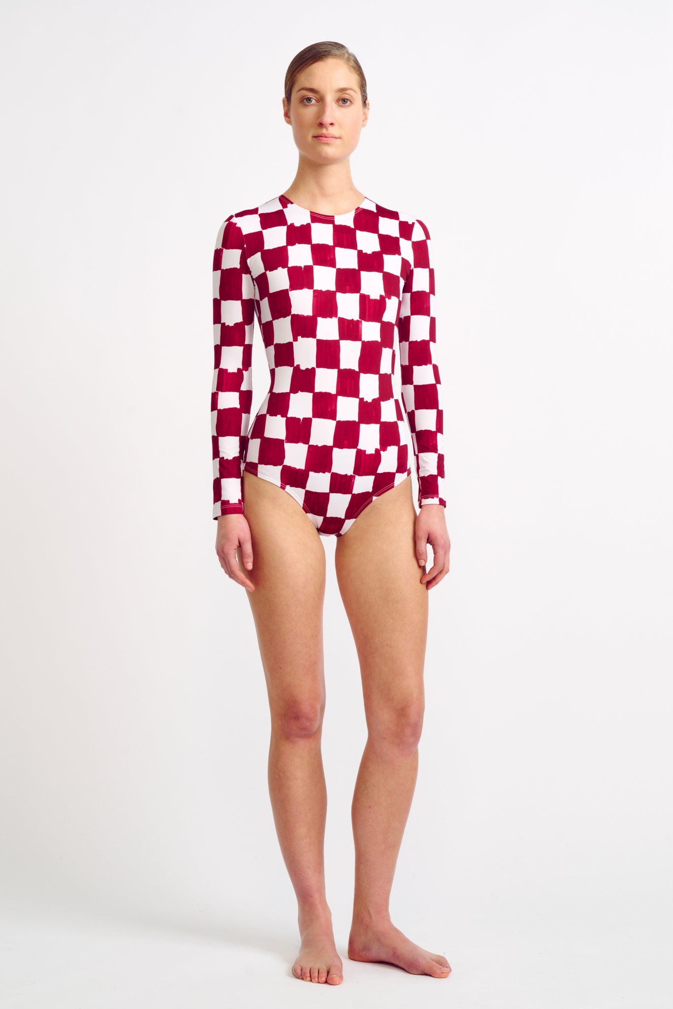 Alliyah Red Checkerboard Print Long Sleeve Swimsuit | Emilia Wickstead