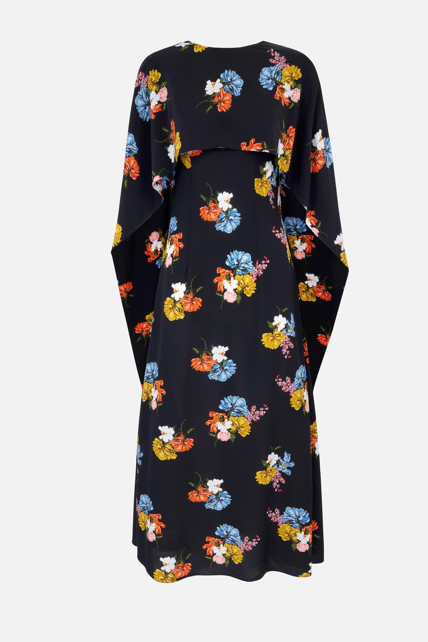 Alphonse Dress In Retro Bouquet On Black Silk Crepe De Chine