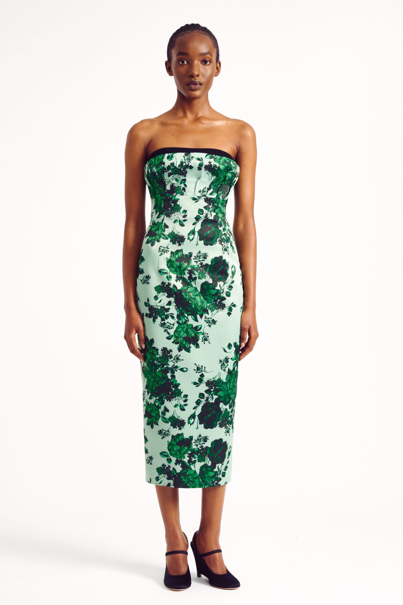 Adalina Strapless Dress in Green Festive Bouquet Printed Taffeta