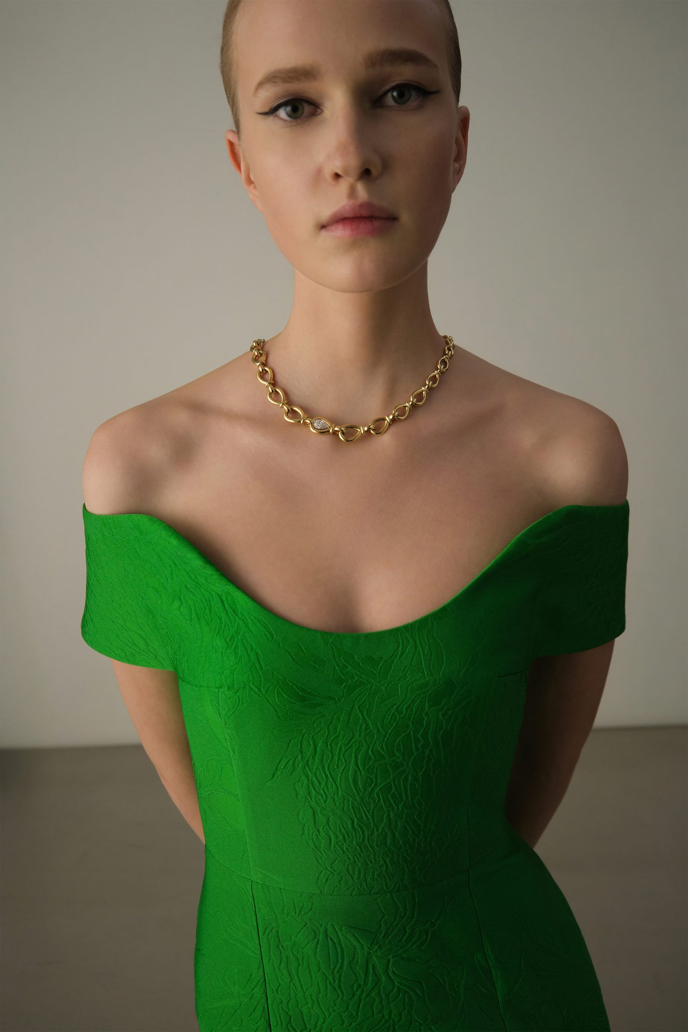 Aislin Dress In Green Embossed Cloque