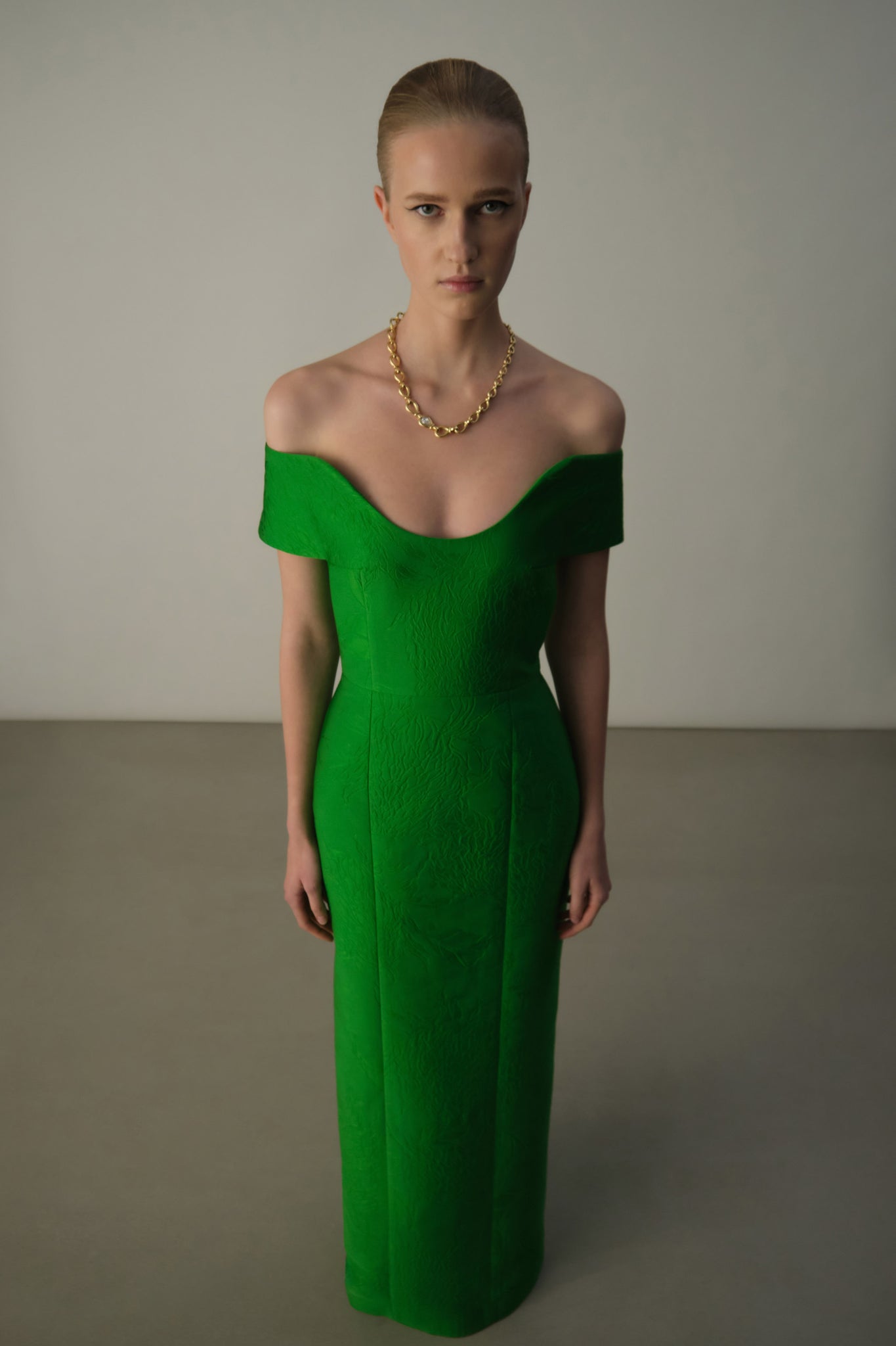 Aislin Dress In Green Embossed Cloque
