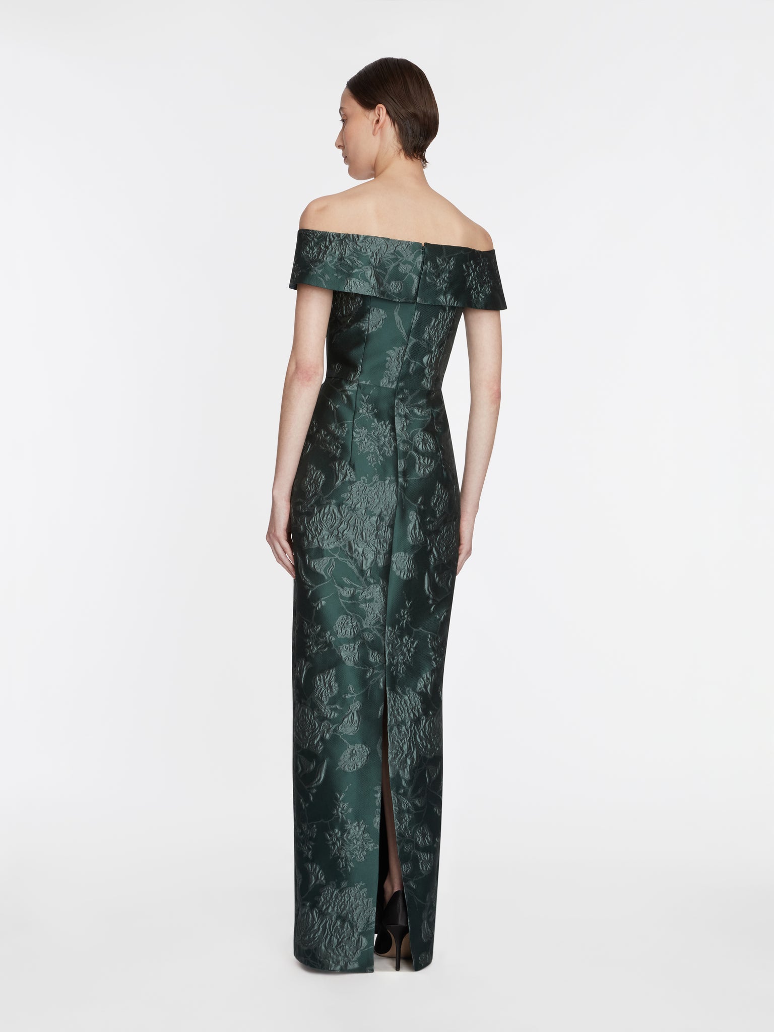 Aislinn Dress In Dark Green Graphic Floral Model Back Shot | Emilia Wickstead