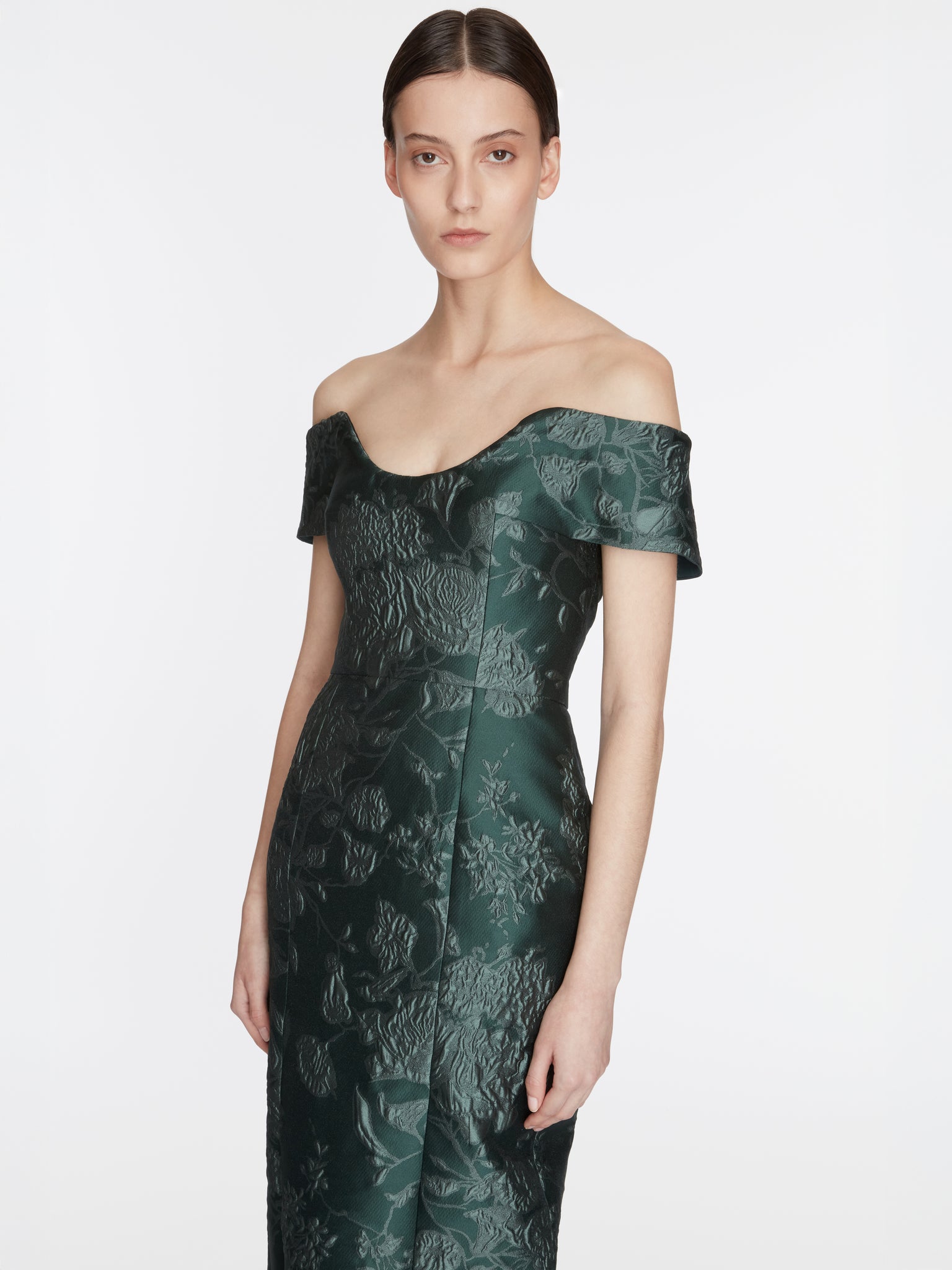 Aislinn Dress In Dark Green Graphic Floral Model Detail Shot | Emilia Wickstead