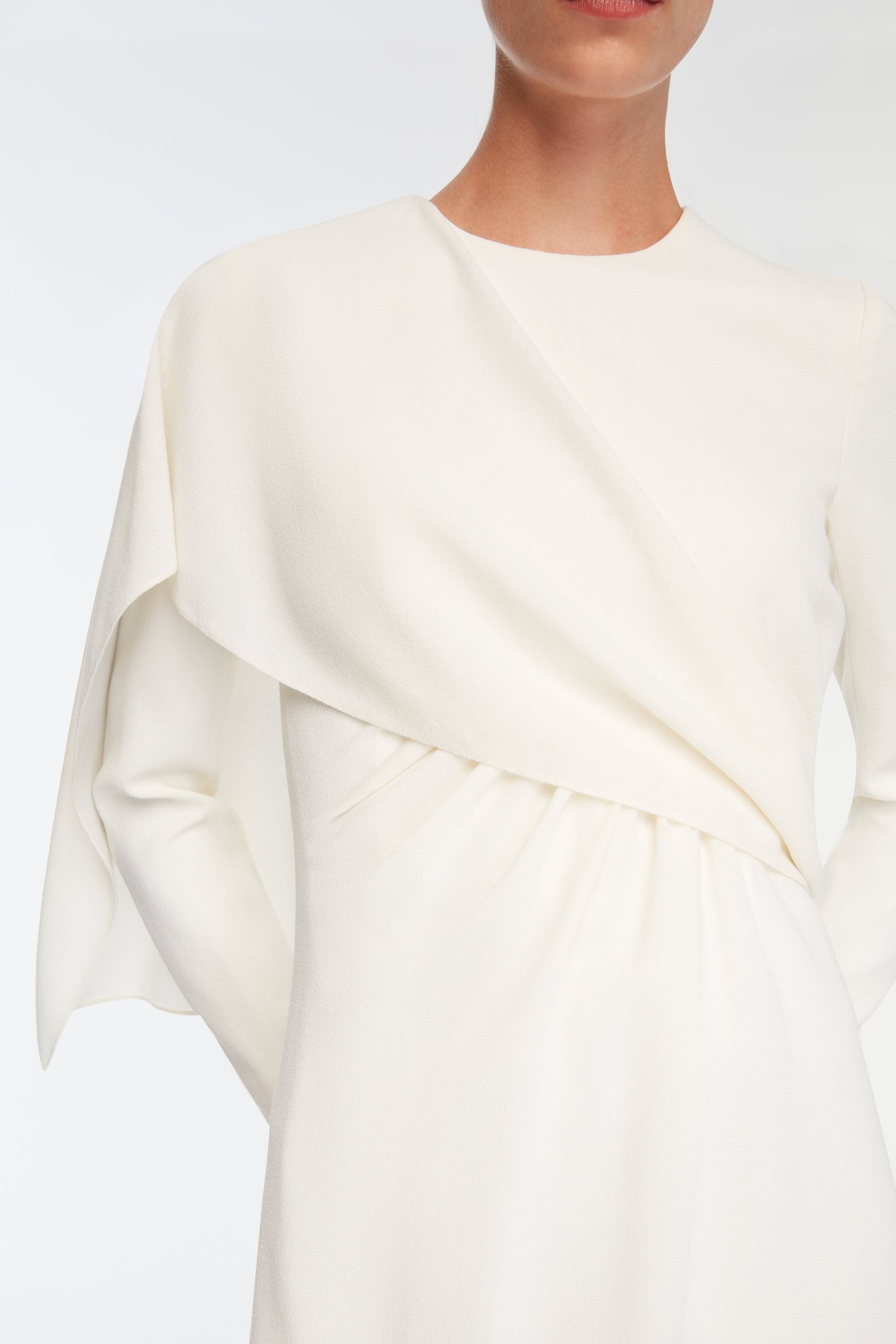 Aleska Dress In Ivory Single Wool Crepe Model Detail Shot | Emilia Wickstead