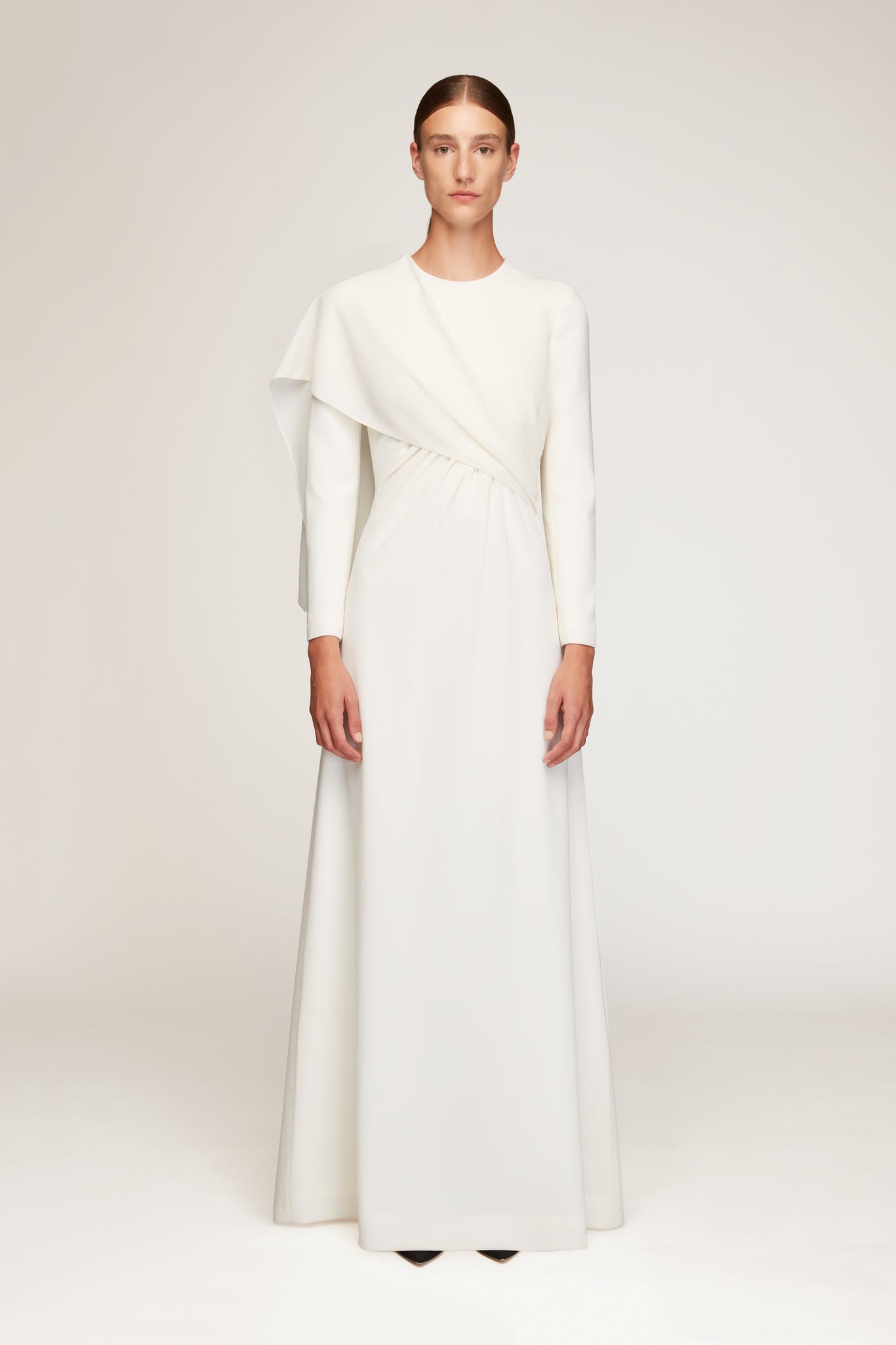 Aleska Dress In Ivory Single Wool Crepe Model Front Shot | Emilia Wickstead