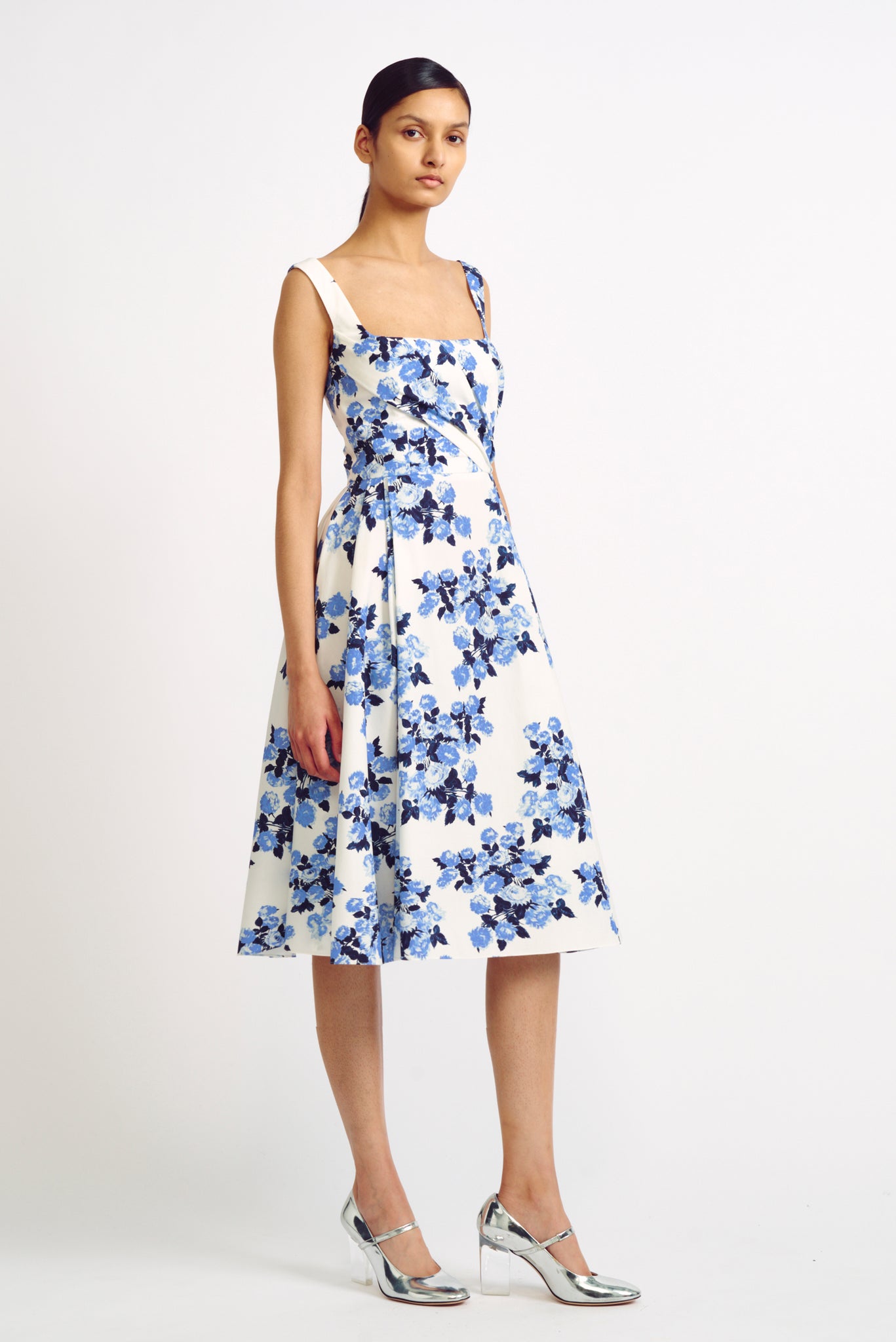 Ariadna Blue Floral Print Poplin Cotton Dress | Emilia Wickstead