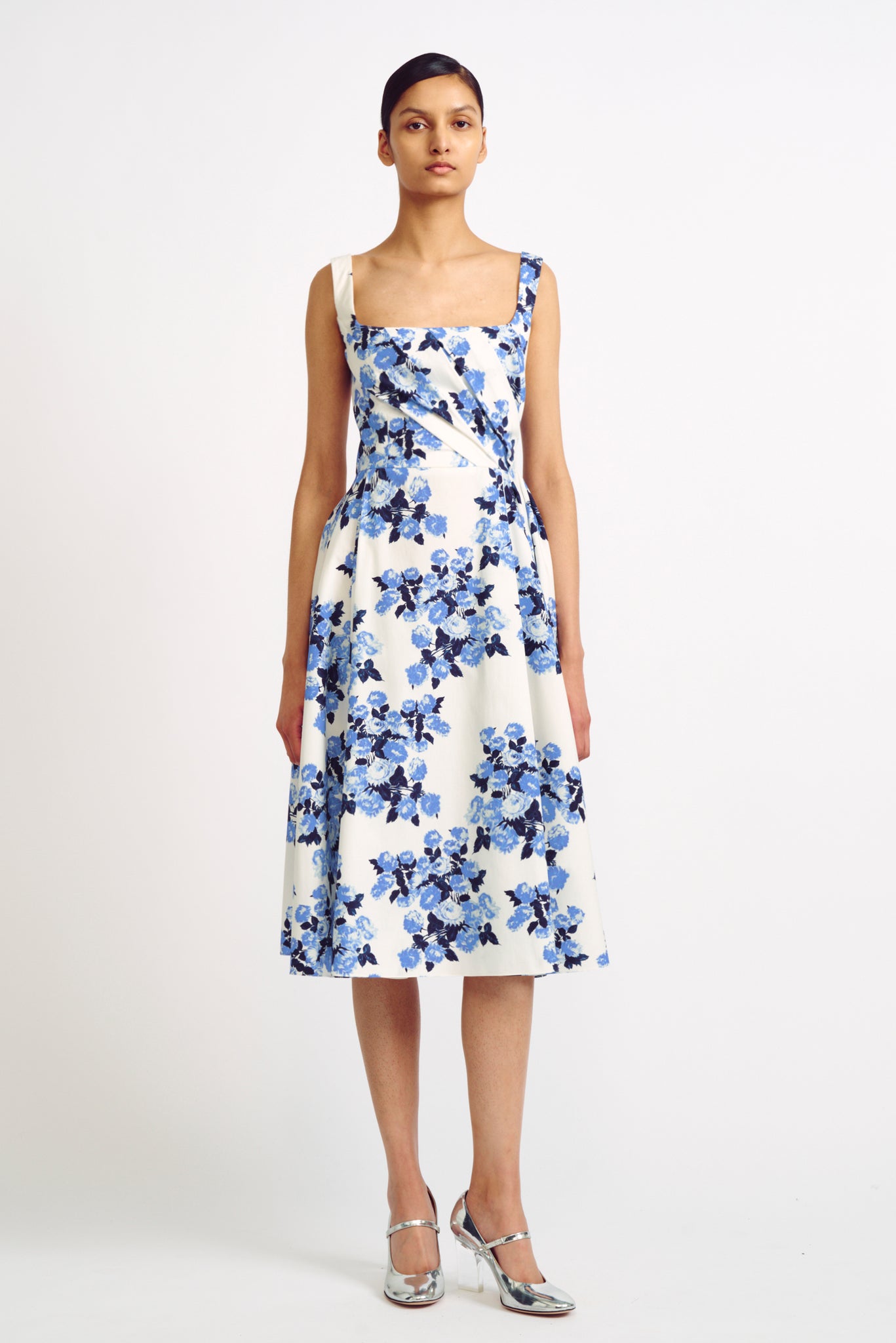 Ariadna Blue Floral Print Poplin Cotton Dress | Emilia Wickstead