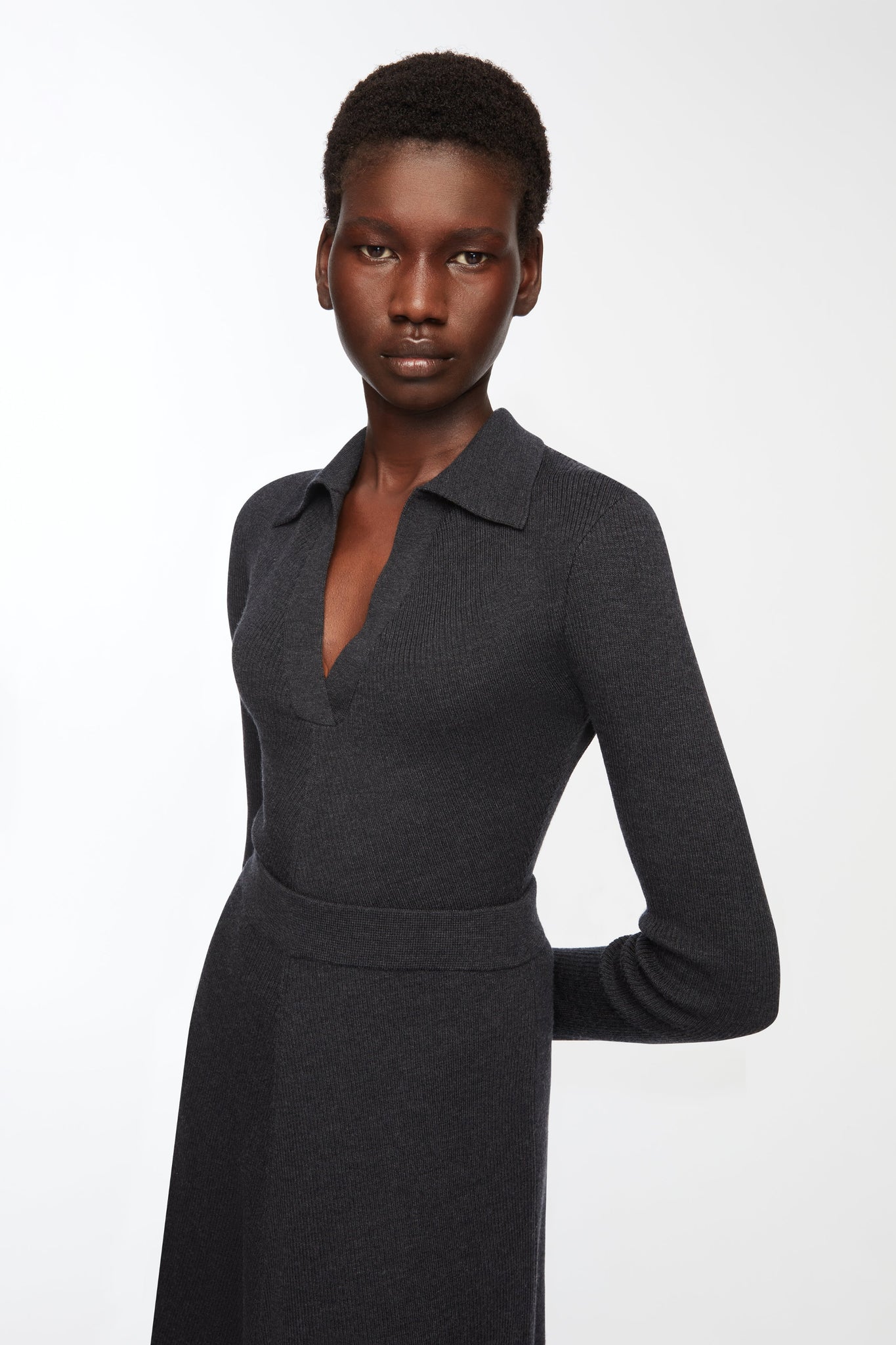 Austin Knit In Charcoal Grey Cashfeel Model Detail Shot | Emilia Wickstead